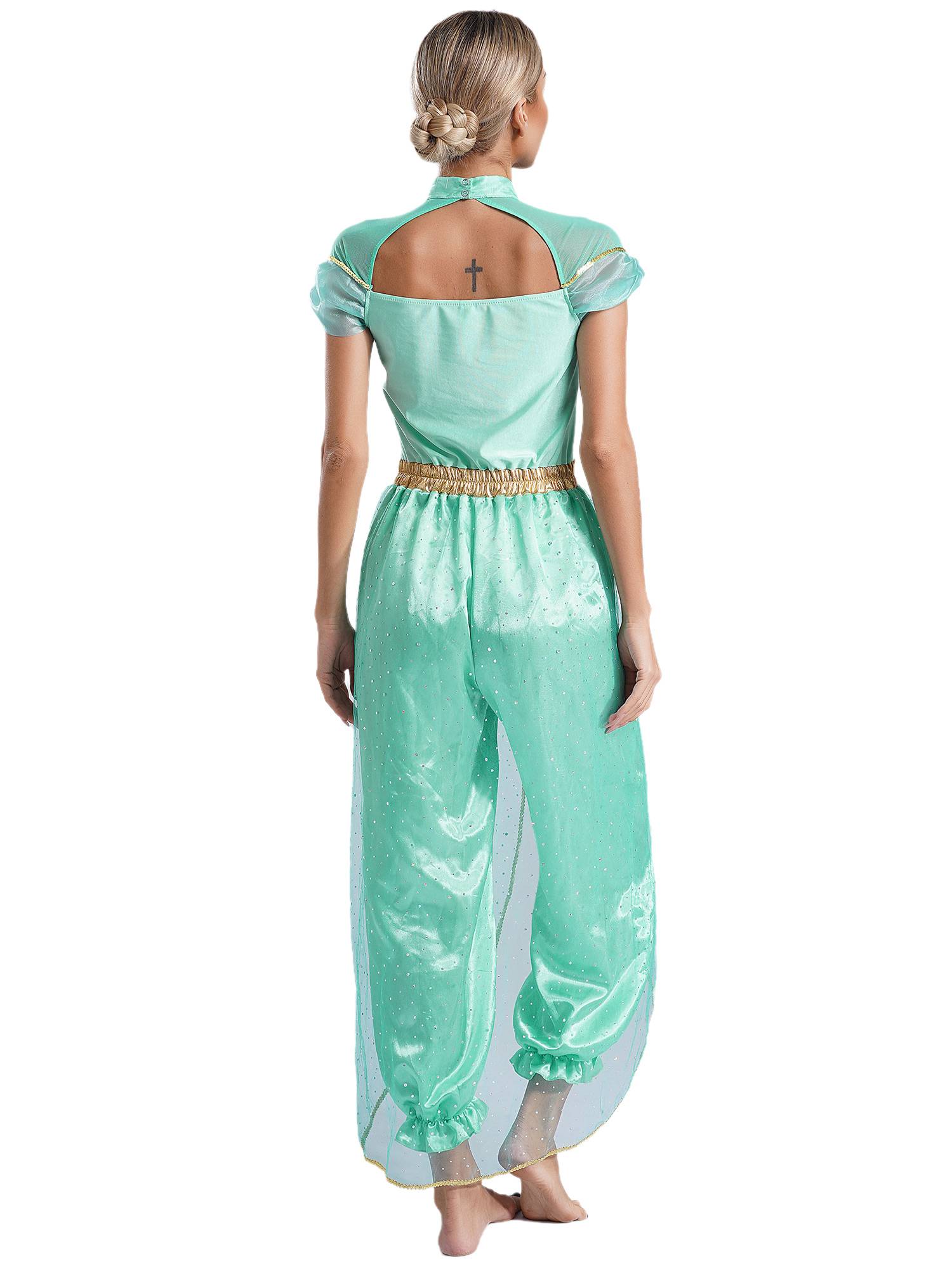 Women Cap Sleeve Sequins Arabian Princess Costume Belly Dance Jumpsuit