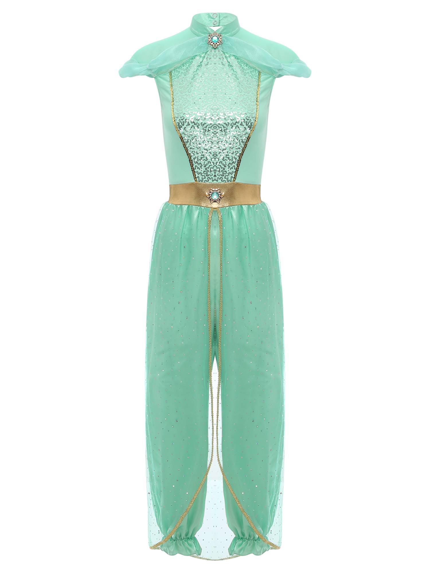 Women Cap Sleeve Sequins Arabian Princess Costume Belly Dance Jumpsuit