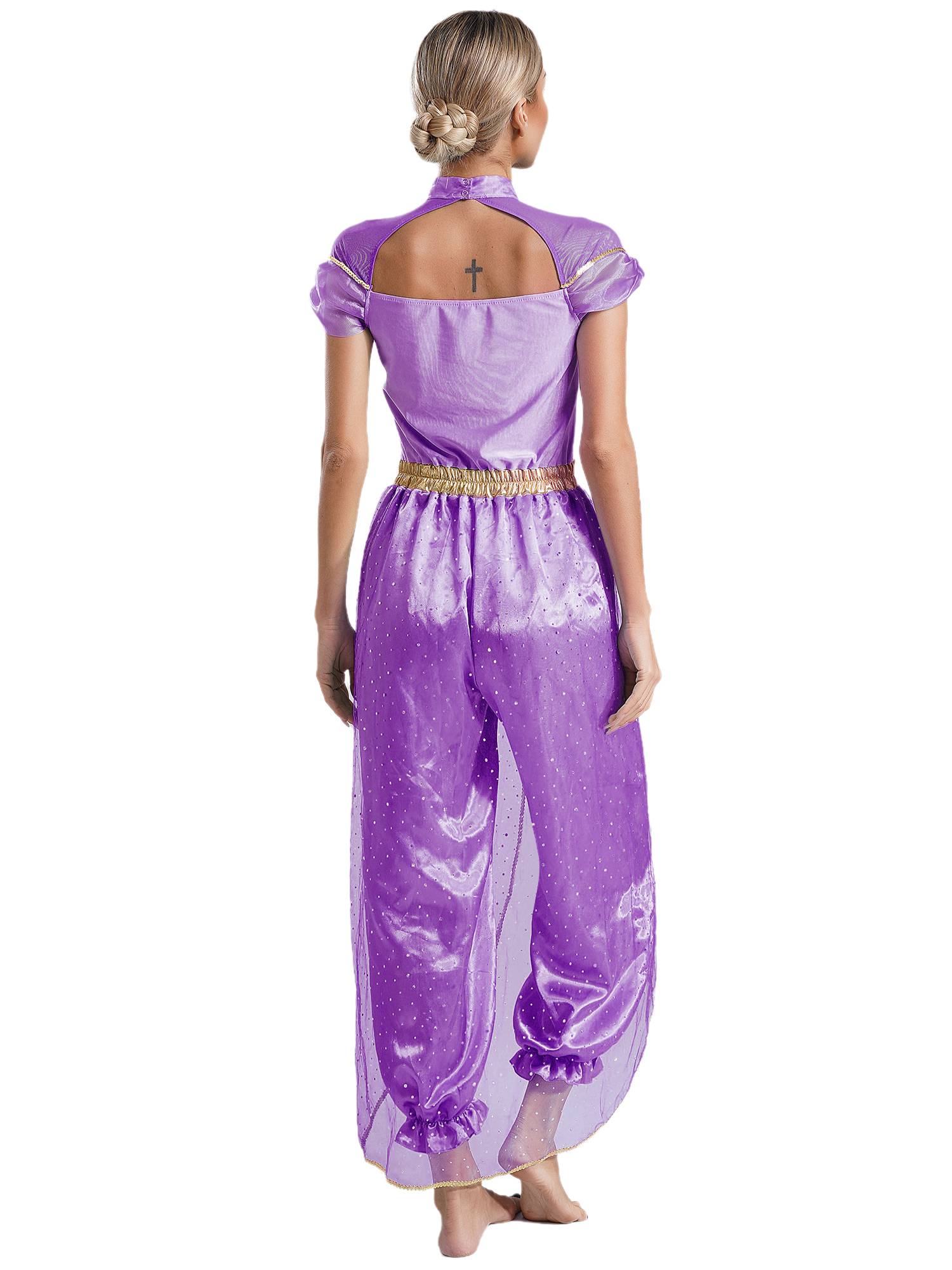 Women Cap Sleeve Sequins Arabian Princess Costume Belly Dance Jumpsuit