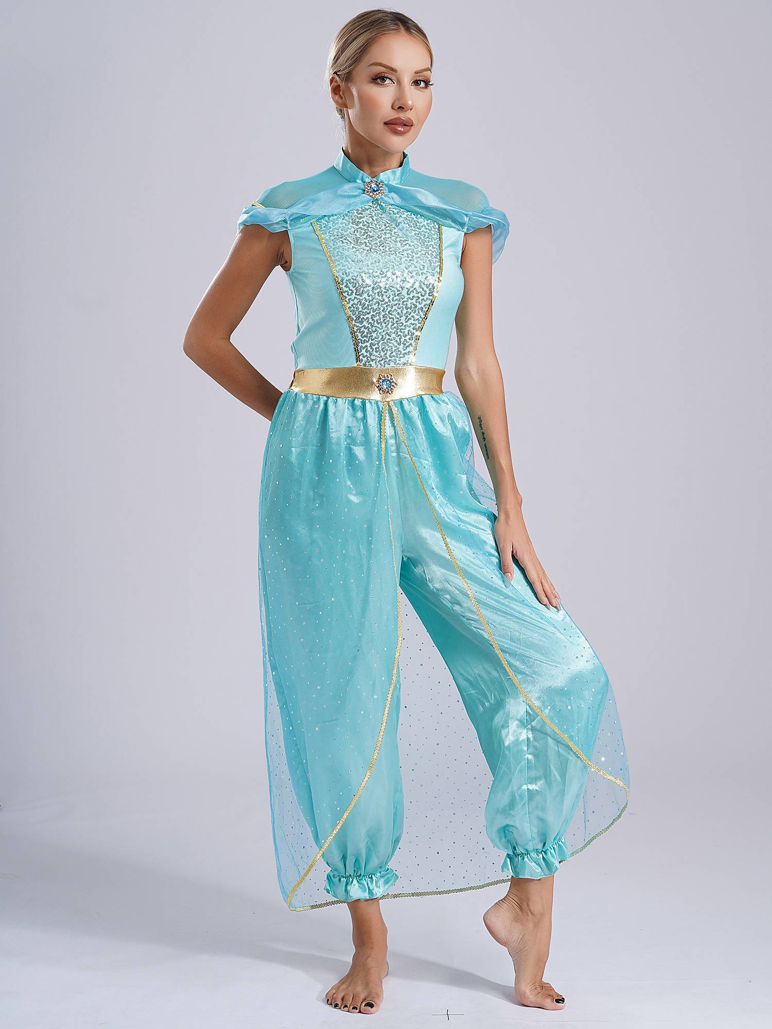 Women Cap Sleeve Sequins Arabian Princess Costume Belly Dance Jumpsuit