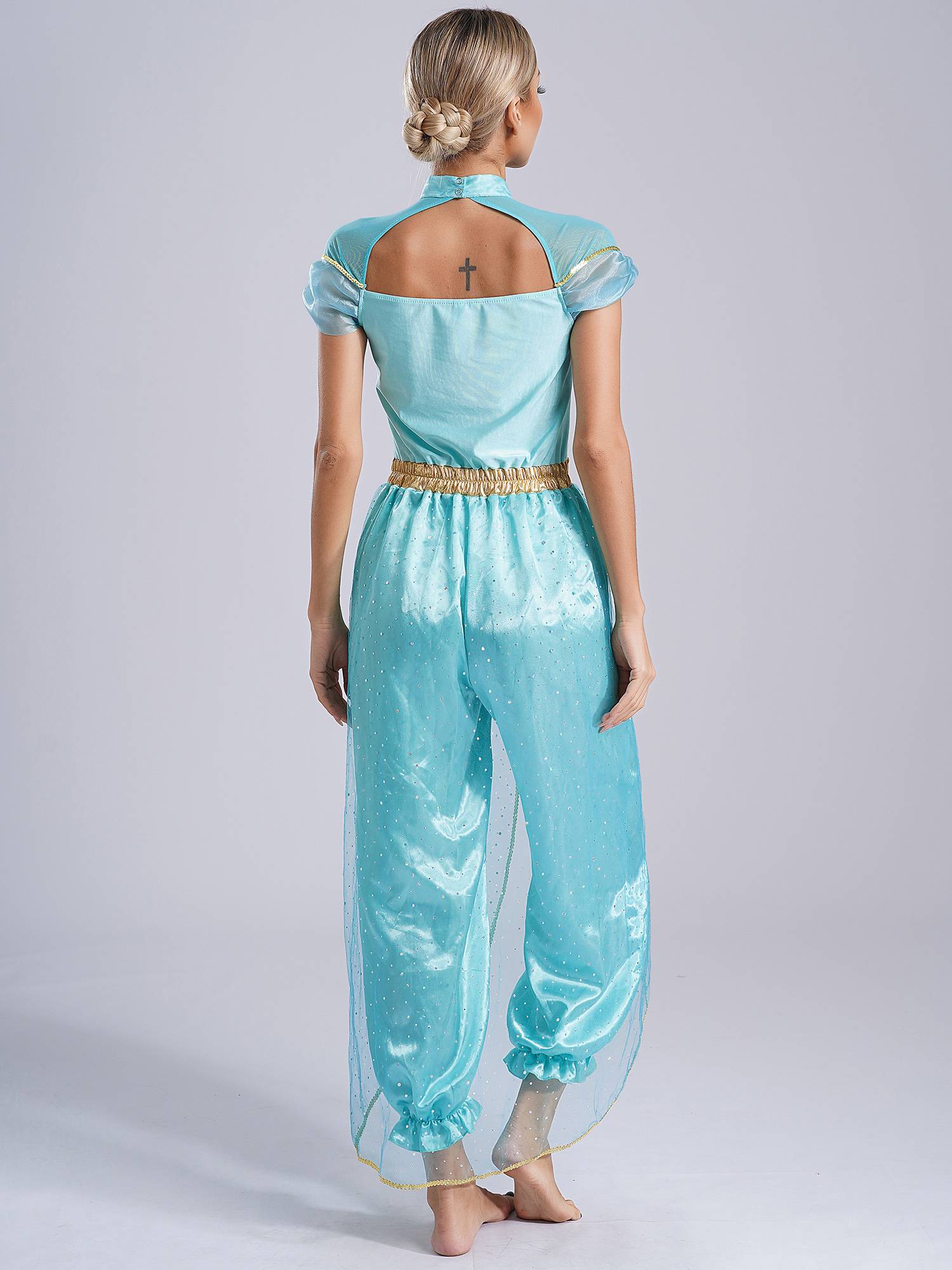 Women Cap Sleeve Sequins Arabian Princess Costume Belly Dance Jumpsuit