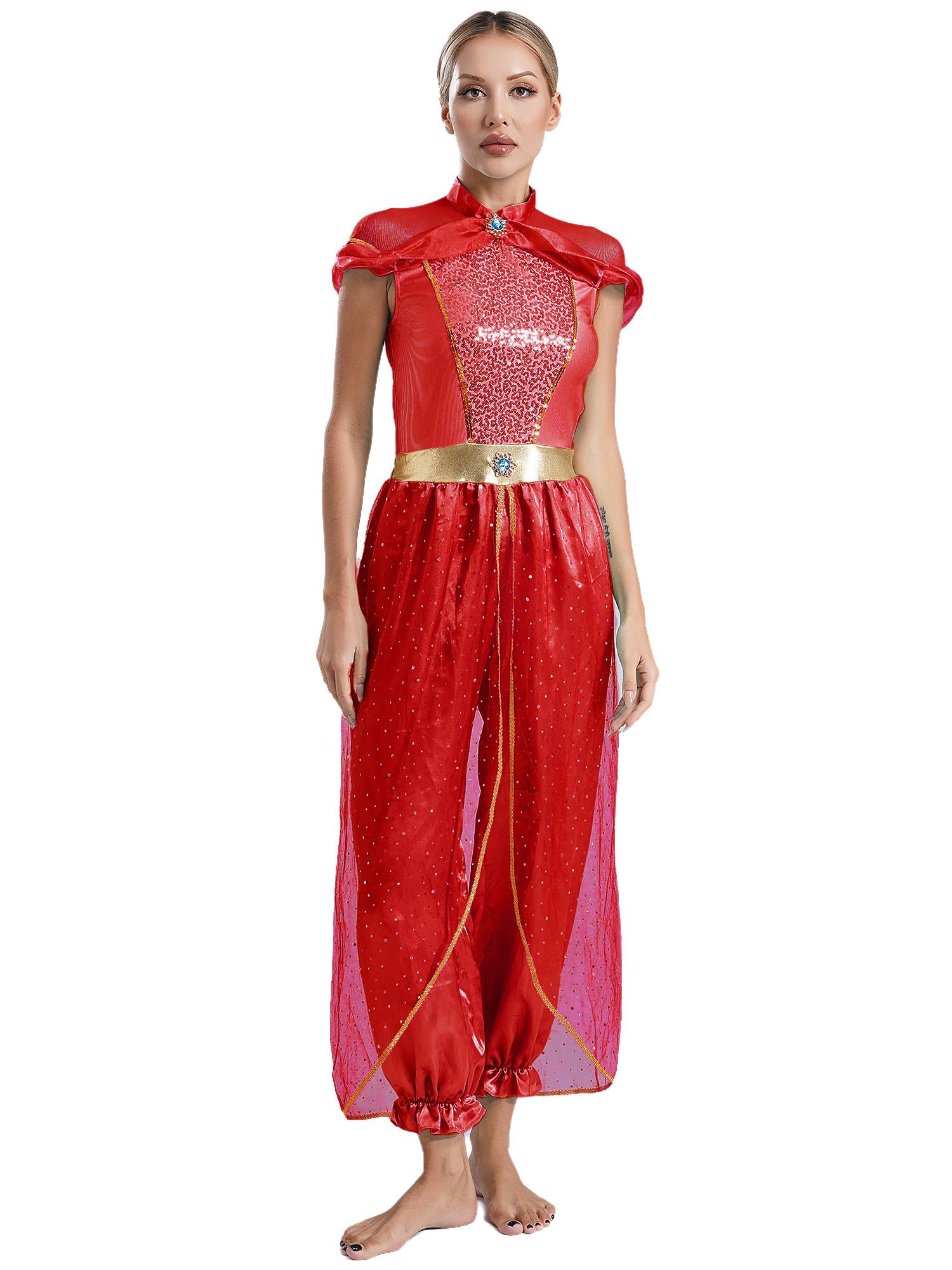 Women Cap Sleeve Sequins Arabian Princess Costume Belly Dance Jumpsuit