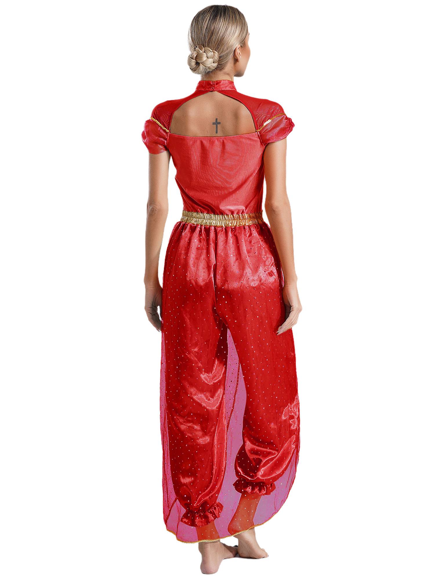 Women Cap Sleeve Sequins Arabian Princess Costume Belly Dance Jumpsuit