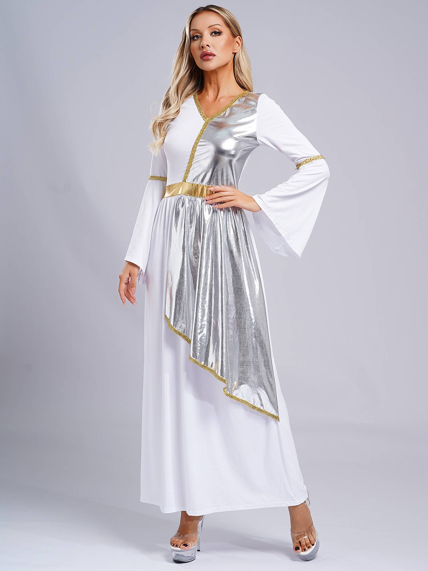 Women V Neck Flare Sleeve Metallic Overlay Roman Greek Toga Dress