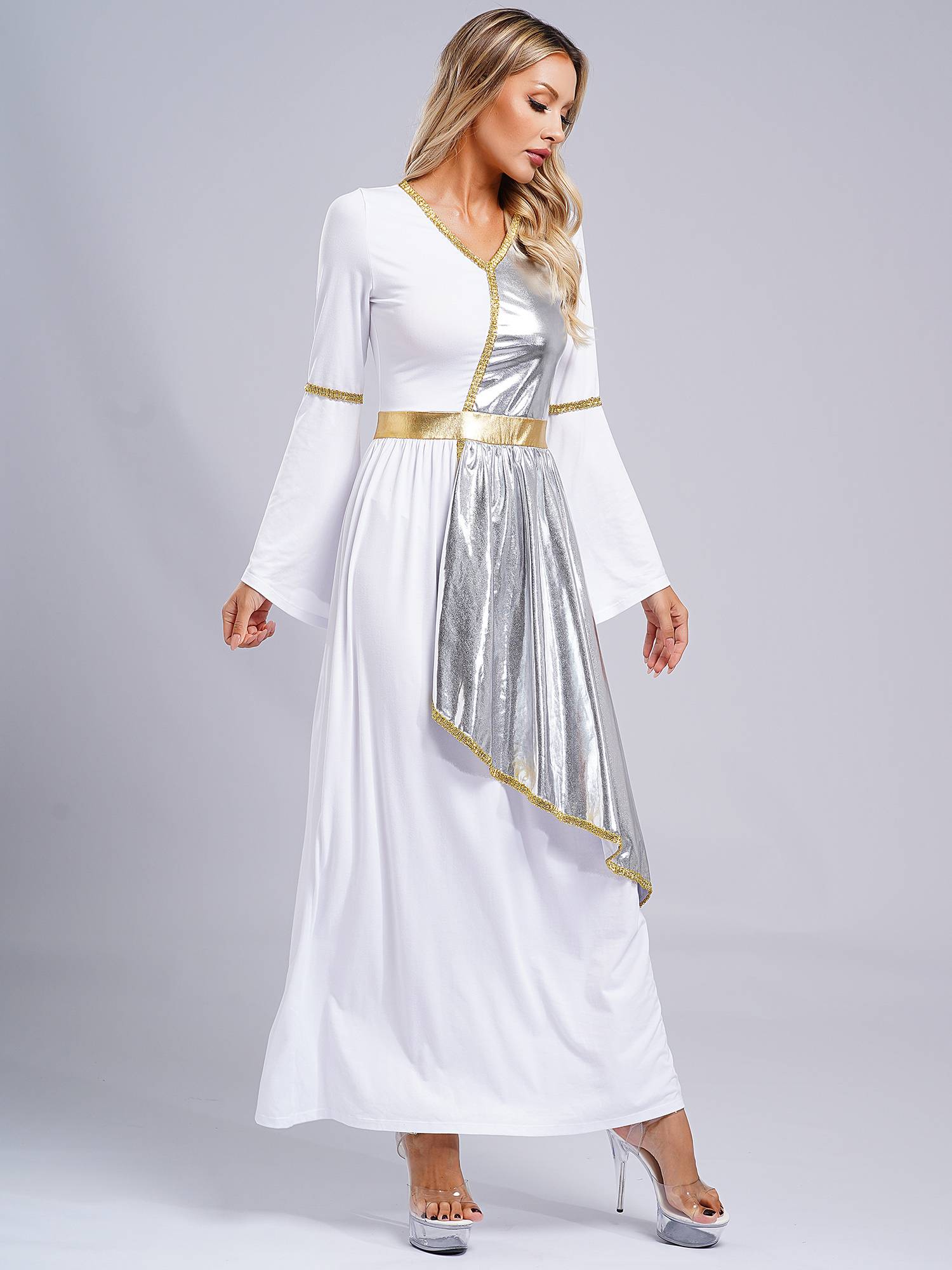 Women V Neck Flare Sleeve Metallic Overlay Roman Greek Toga Dress