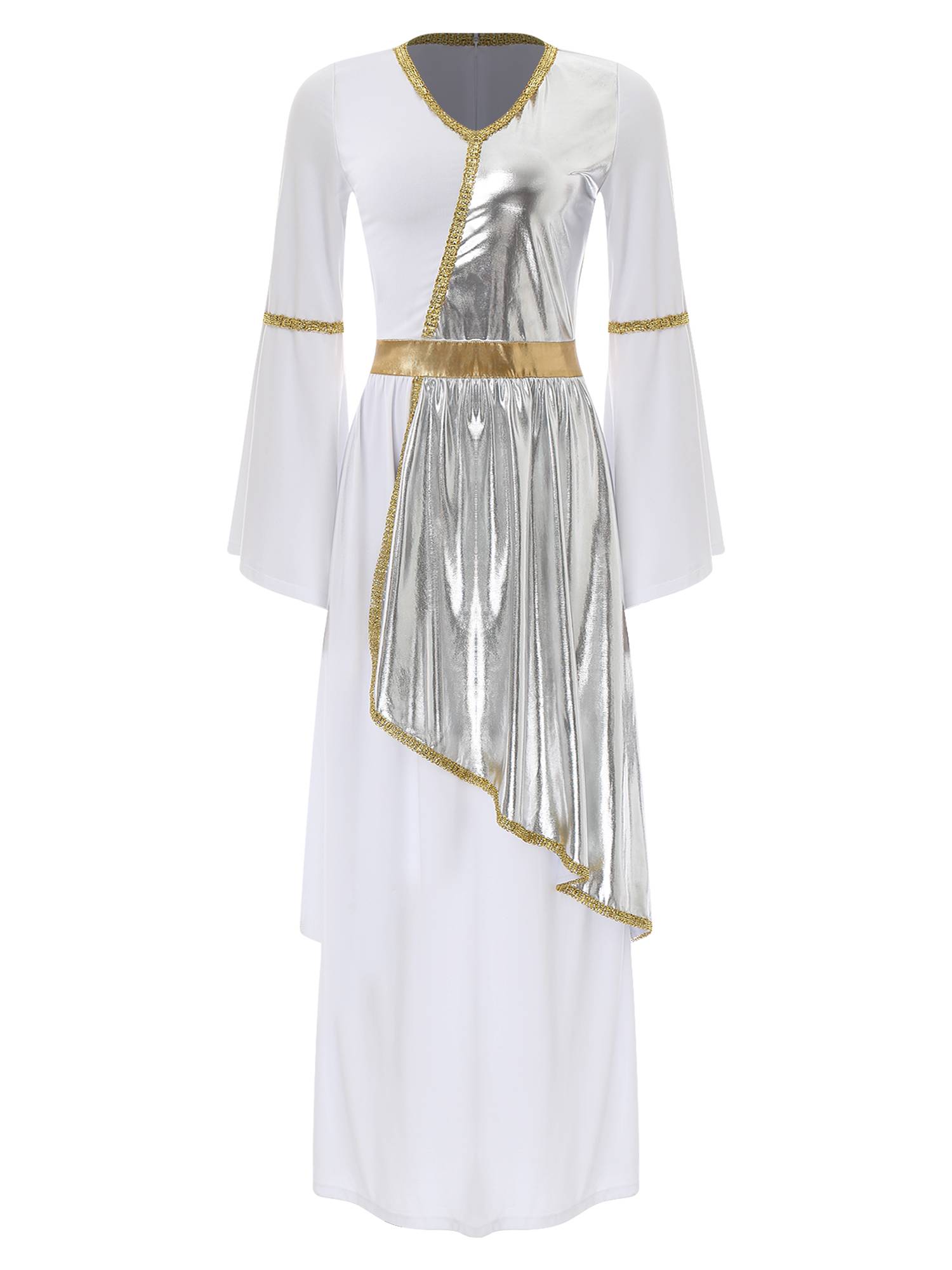 Women V Neck Flare Sleeve Metallic Overlay Roman Greek Toga Dress