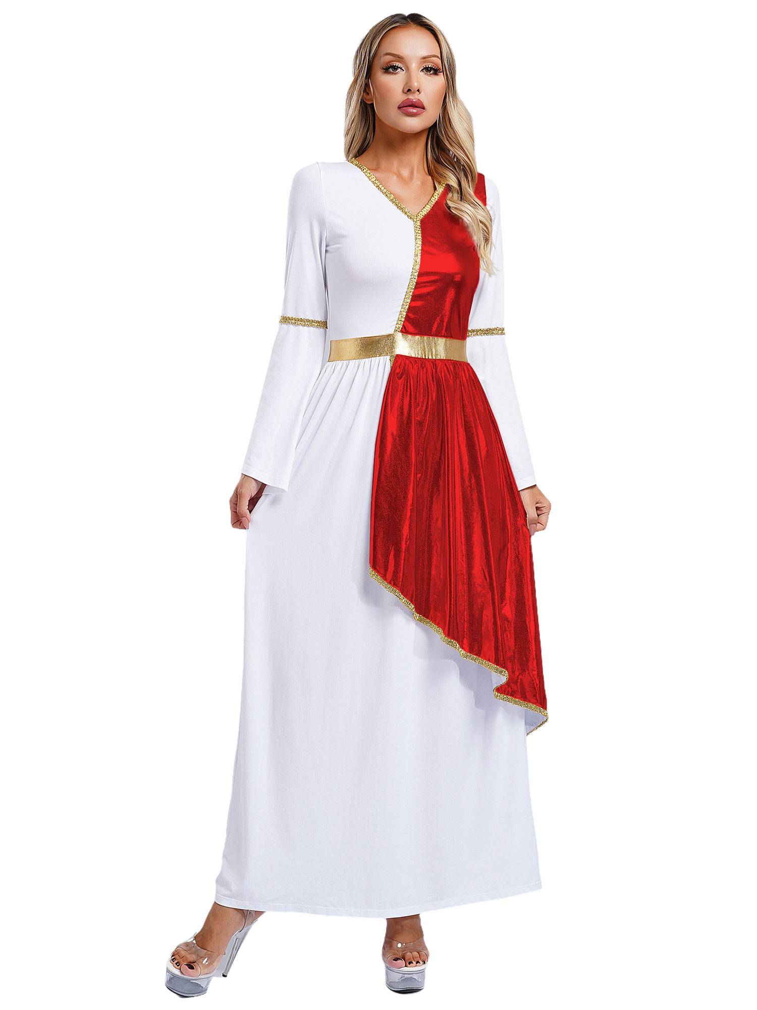 Women V Neck Flare Sleeve Metallic Overlay Roman Greek Toga Dress