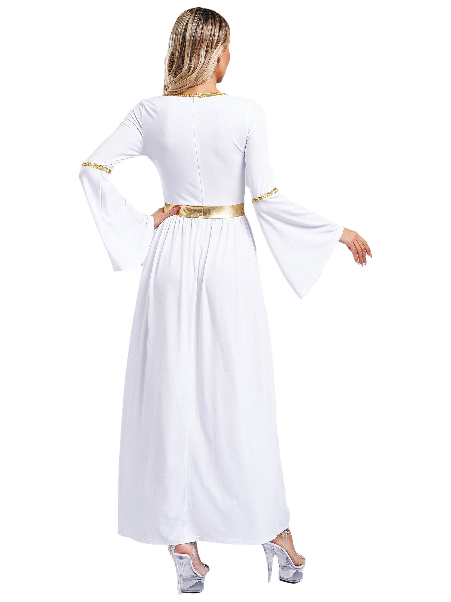 Women V Neck Flare Sleeve Metallic Overlay Roman Greek Toga Dress