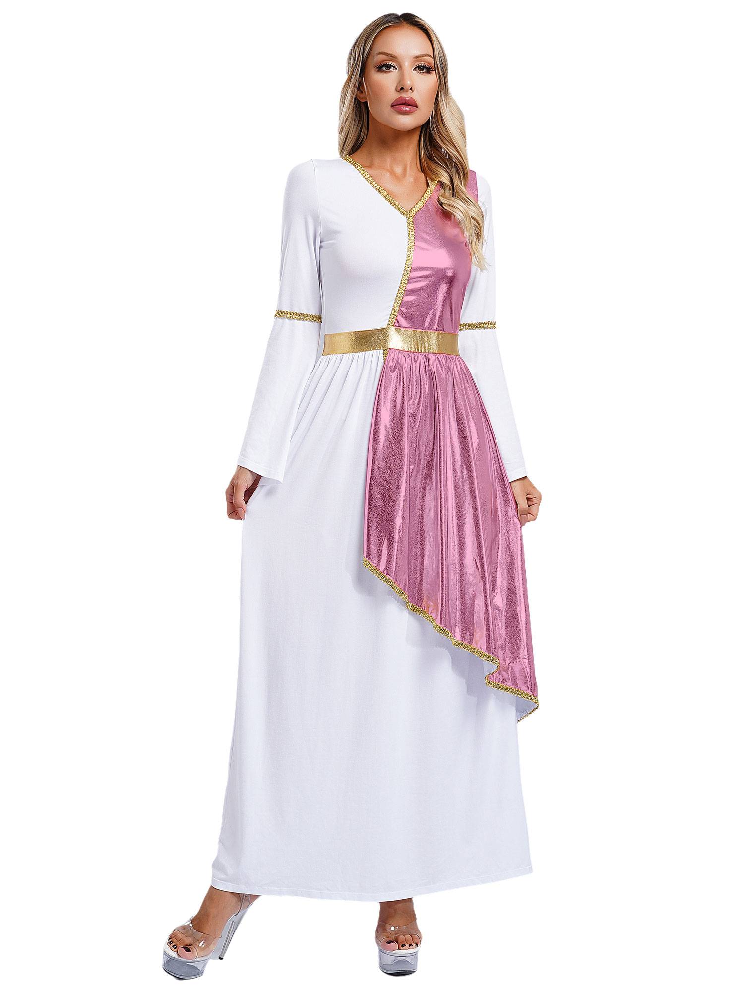 Women V Neck Flare Sleeve Metallic Overlay Roman Greek Toga Dress