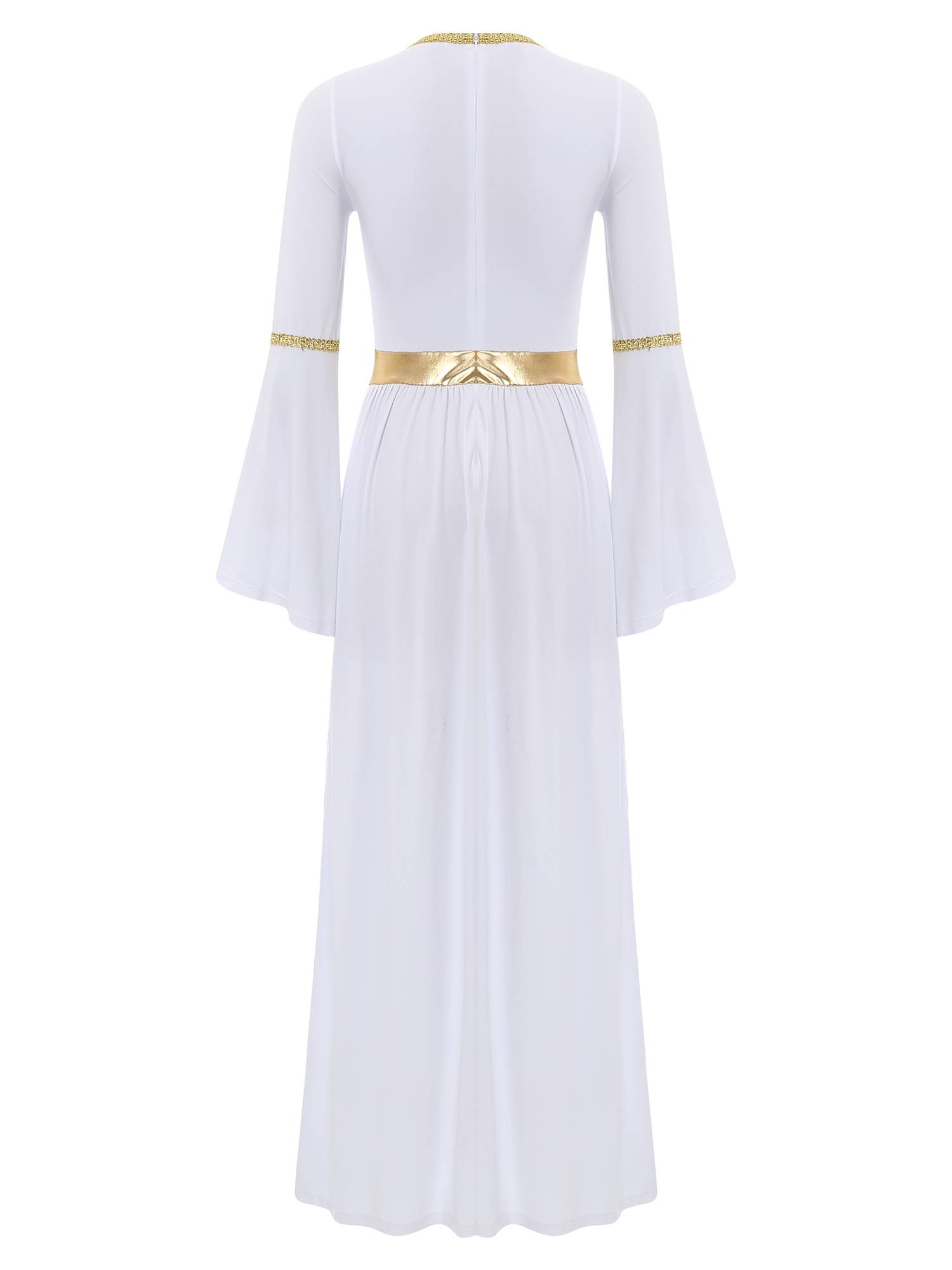 Women V Neck Flare Sleeve Metallic Overlay Roman Greek Toga Dress