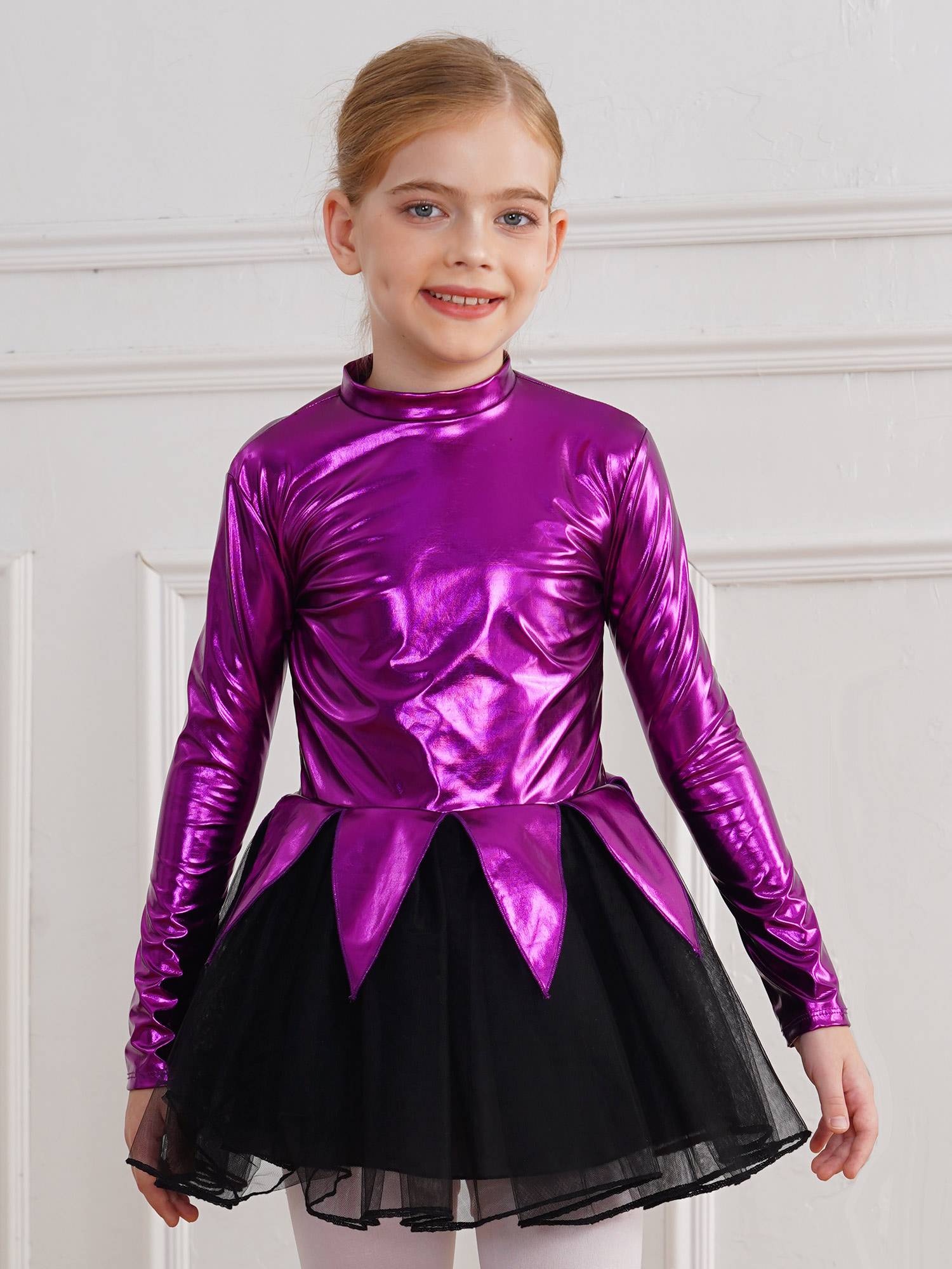 Kids Girls Halloween Movie Character Costume Long Sleeve Metallic Tutu Dress