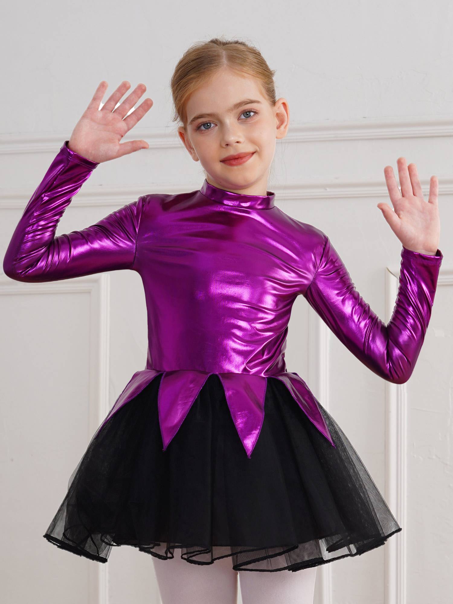 Kids Girls Halloween Movie Character Costume Long Sleeve Metallic Tutu Dress
