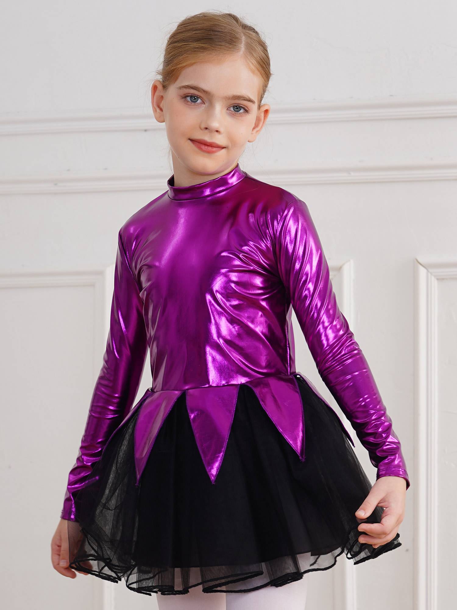 Kids Girls Halloween Movie Character Costume Long Sleeve Metallic Tutu Dress