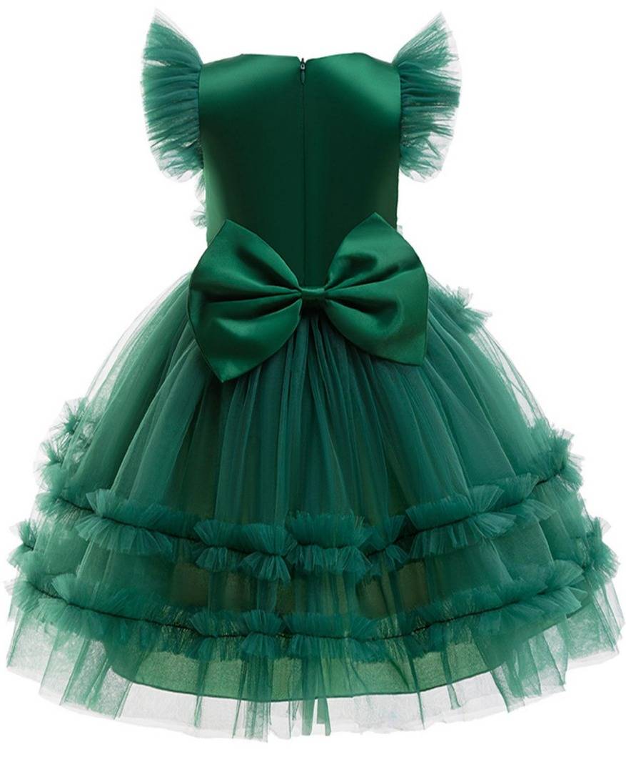 Kids Girls Christmas Flutter Sleeve Bow Knot Pompoms Mesh Tutu Dress