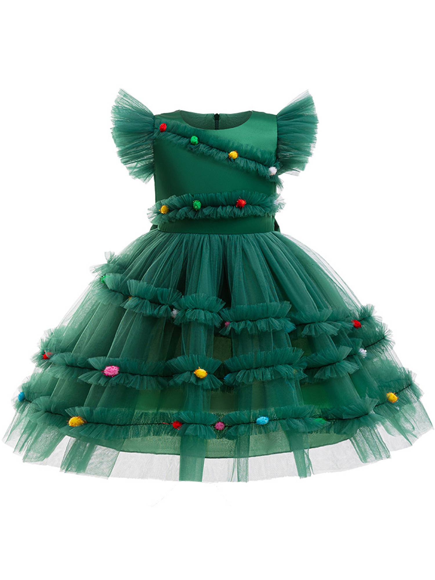 Kids Girls Christmas Flutter Sleeve Bow Knot Pompoms Mesh Tutu Dress