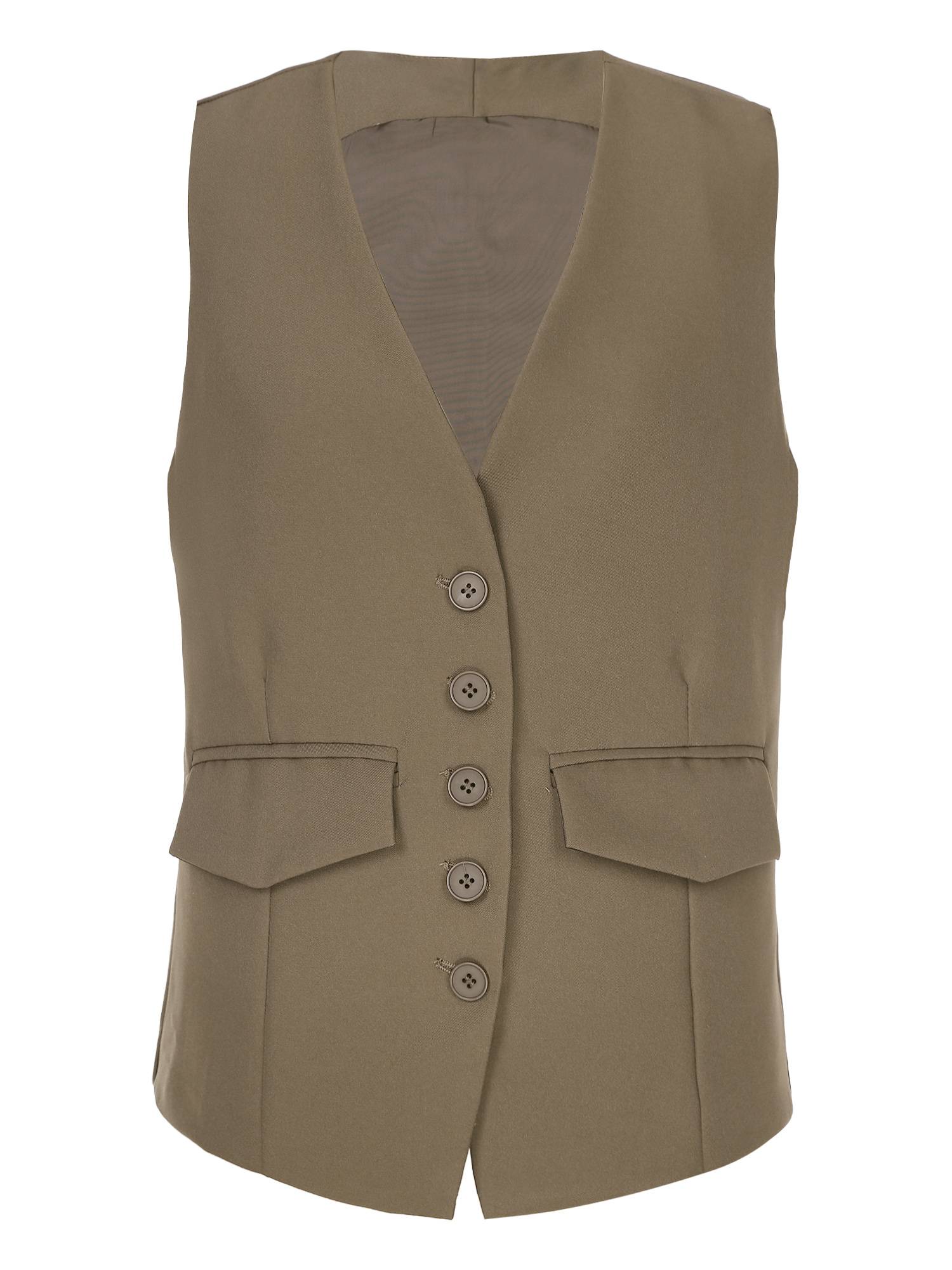 Women V Neck Button-up Solid Color Office Work Vest