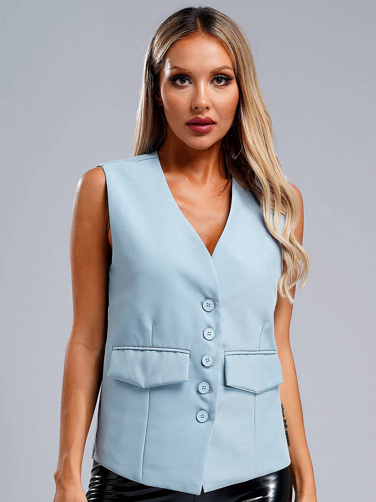 Women V Neck Button-up Solid Color Office Work Vest