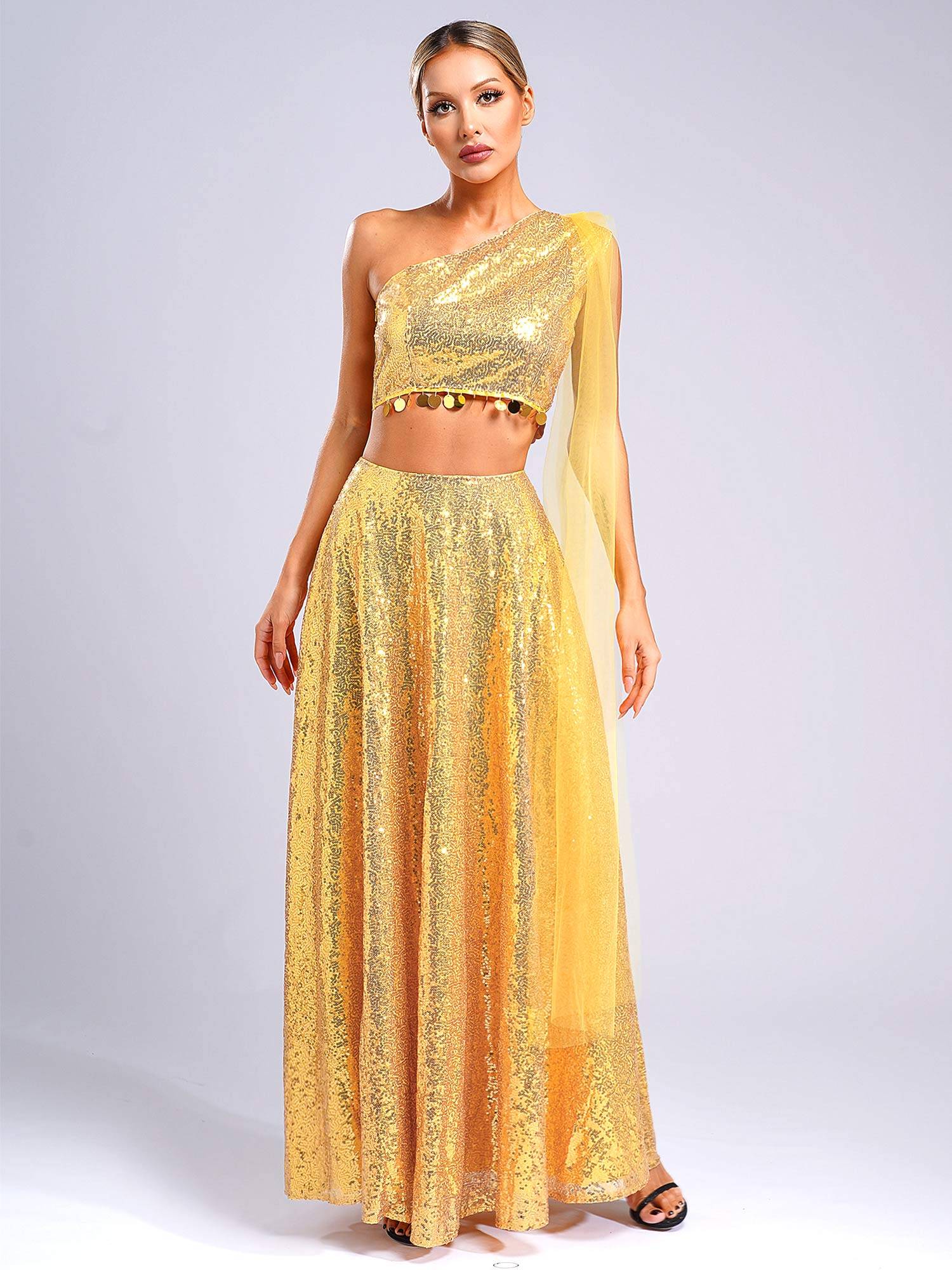 Women Sequin Sleeveless Crop Top and Maxi Skirt India Lehenga Party Gown