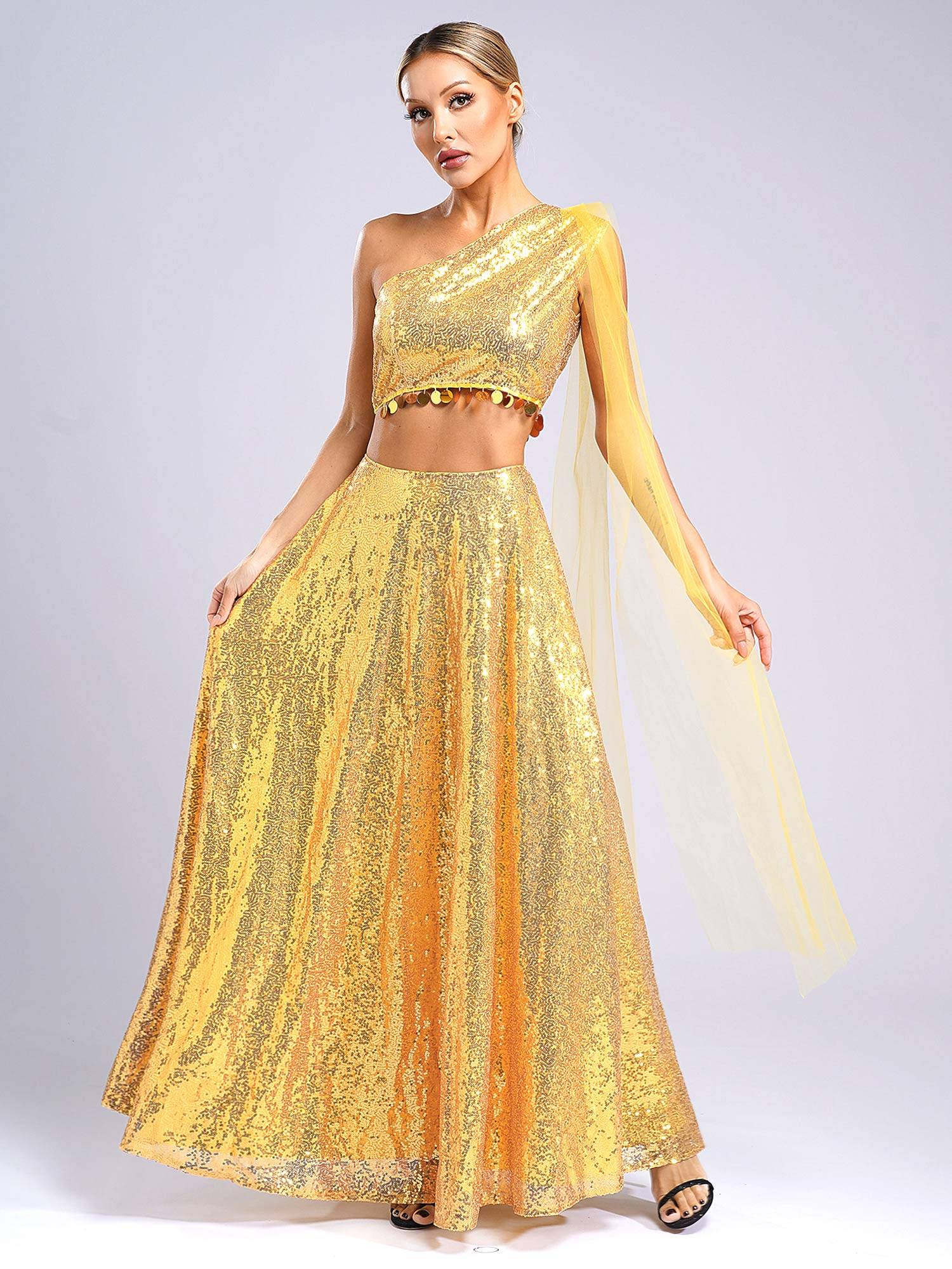 Women Sequin Sleeveless Crop Top and Maxi Skirt India Lehenga Party Gown