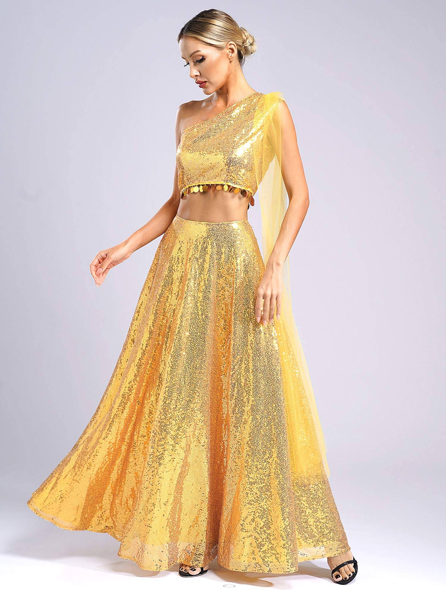 Women Sequin Sleeveless Crop Top and Maxi Skirt India Lehenga Party Gown