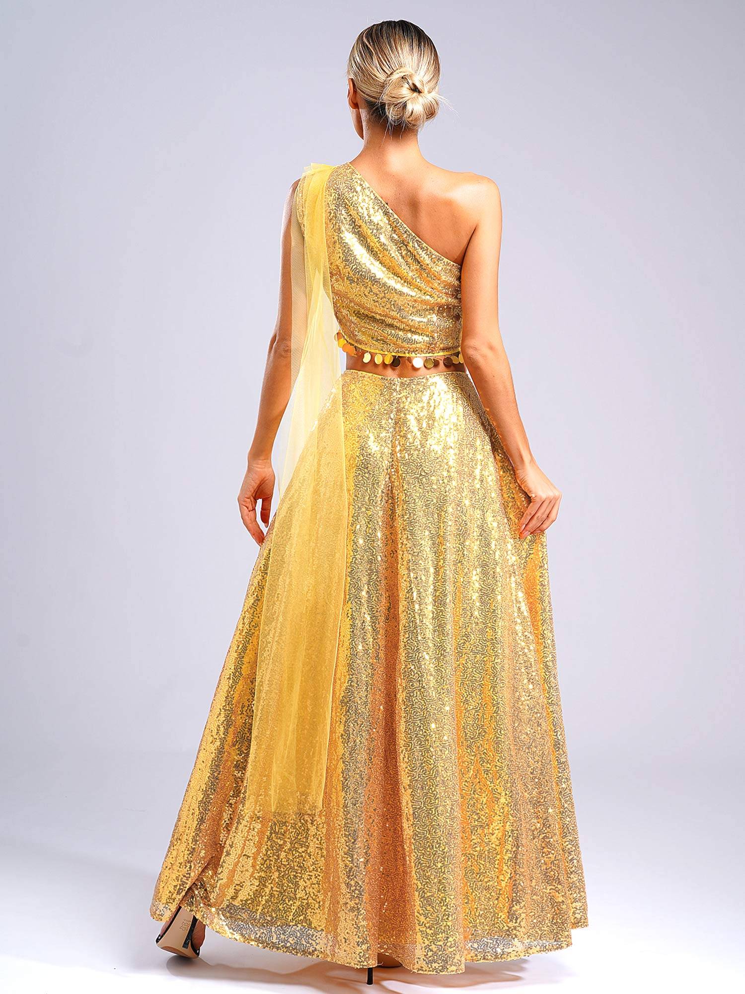 Women Sequin Sleeveless Crop Top and Maxi Skirt India Lehenga Party Gown