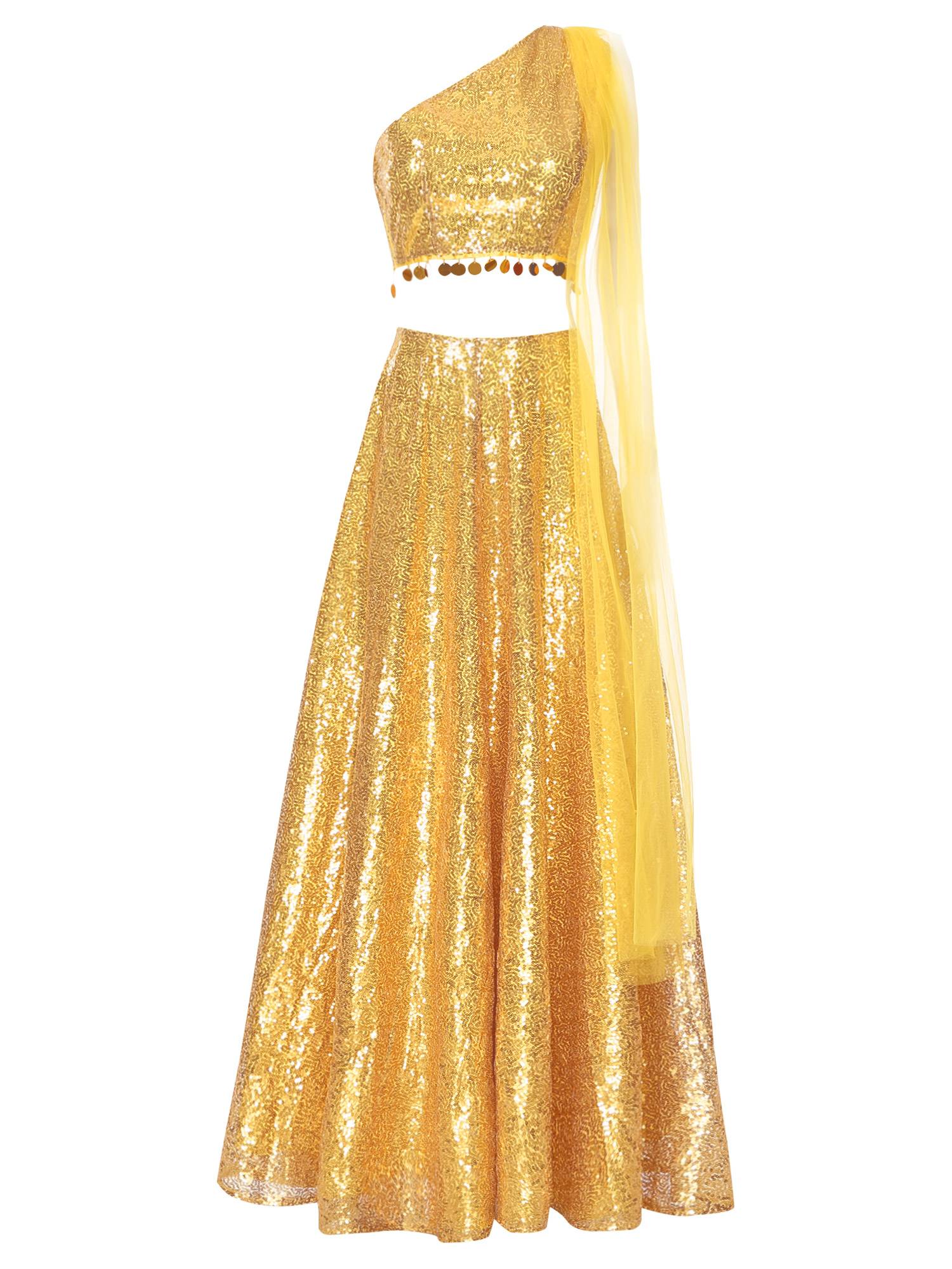 Women Sequin Sleeveless Crop Top and Maxi Skirt India Lehenga Party Gown