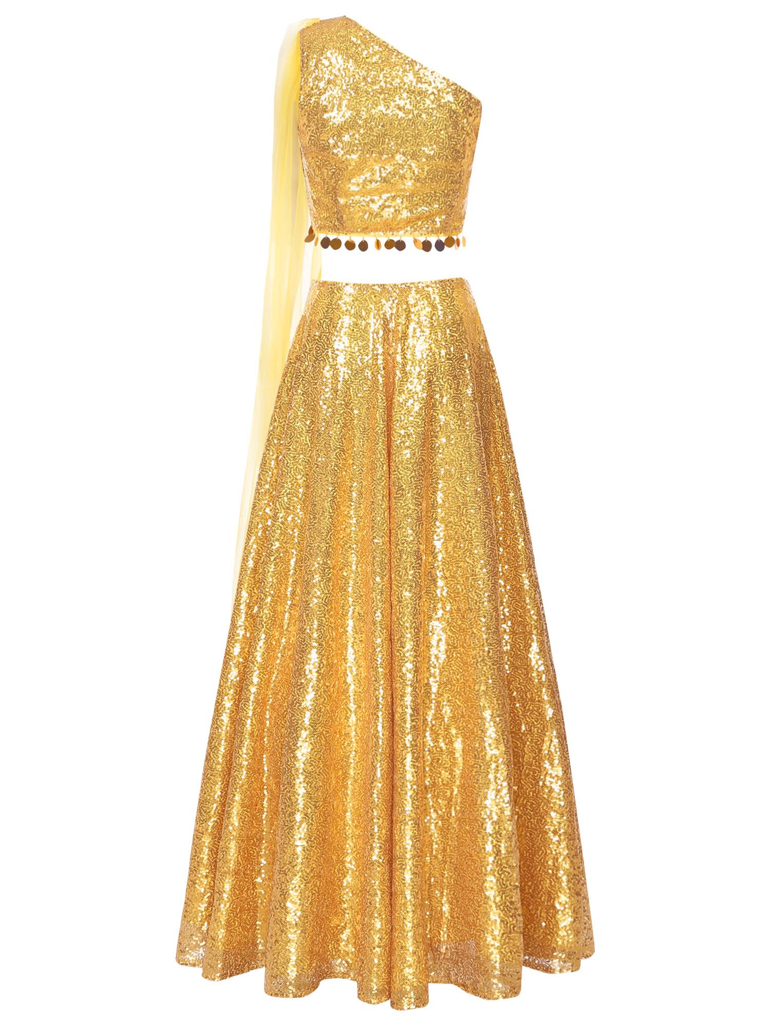 Women Sequin Sleeveless Crop Top and Maxi Skirt India Lehenga Party Gown