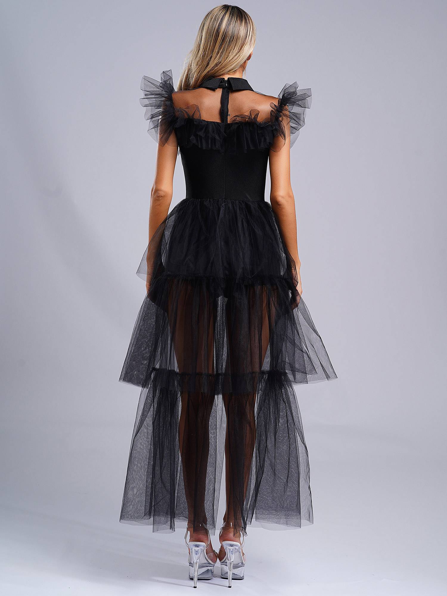 Women Lapel Flutter Sleeve Multi-layer Ruffled Tulle Tiered Dress with Belt