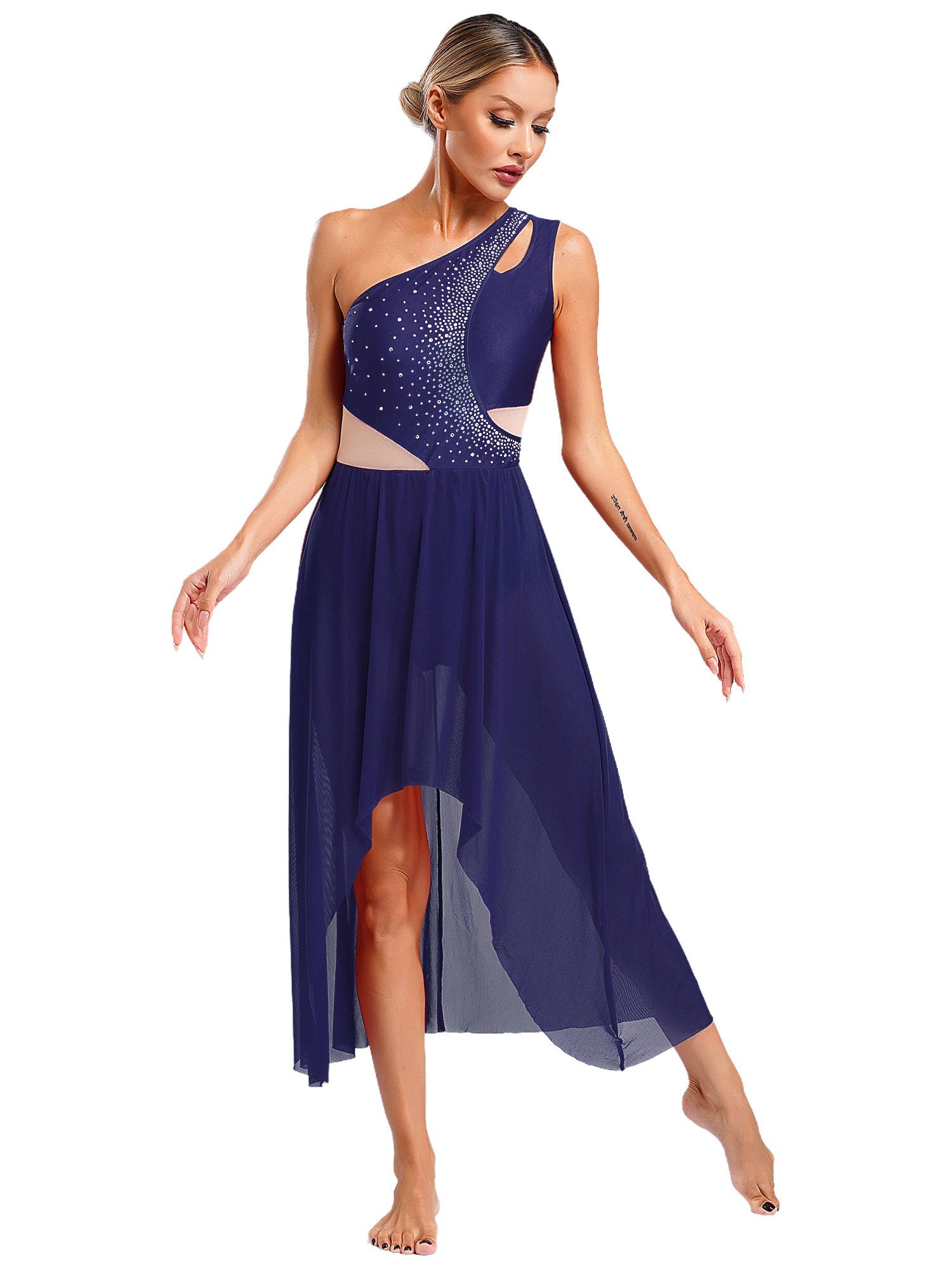 Women One Shoulder Sleeveless High-Low Flowy Mesh Lyrical Dance Dress