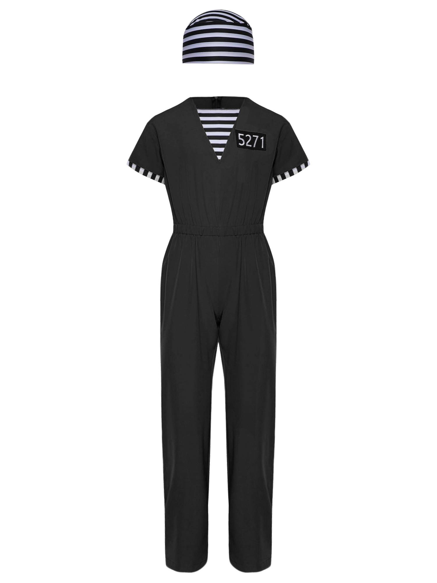Kids Short Sleeve Back Zipper Prisoner Costume Jumpsuit with Hat