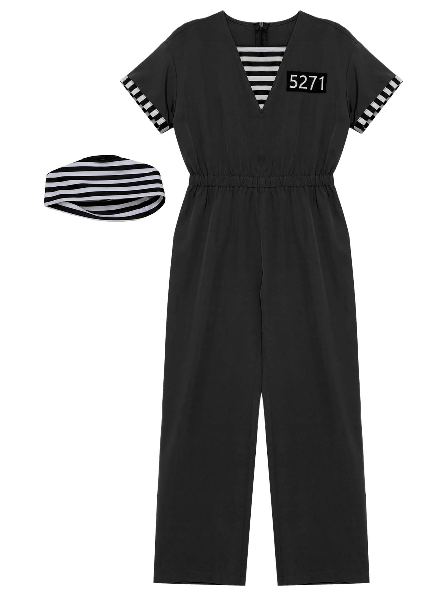 Kids Short Sleeve Back Zipper Prisoner Costume Jumpsuit with Hat
