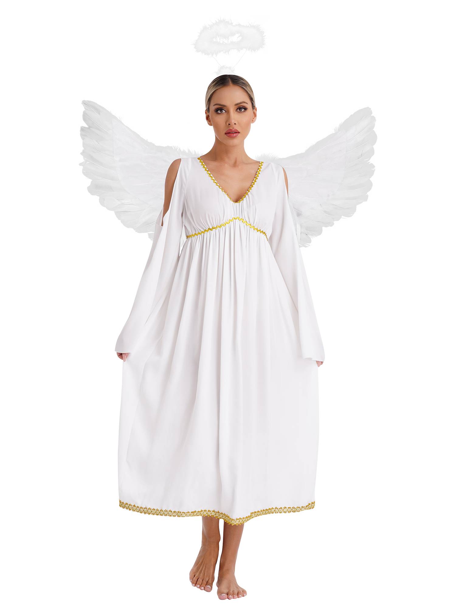 Women Angel Costume V Neck Cold Shoulder Chiffon Dress with Feather Wings