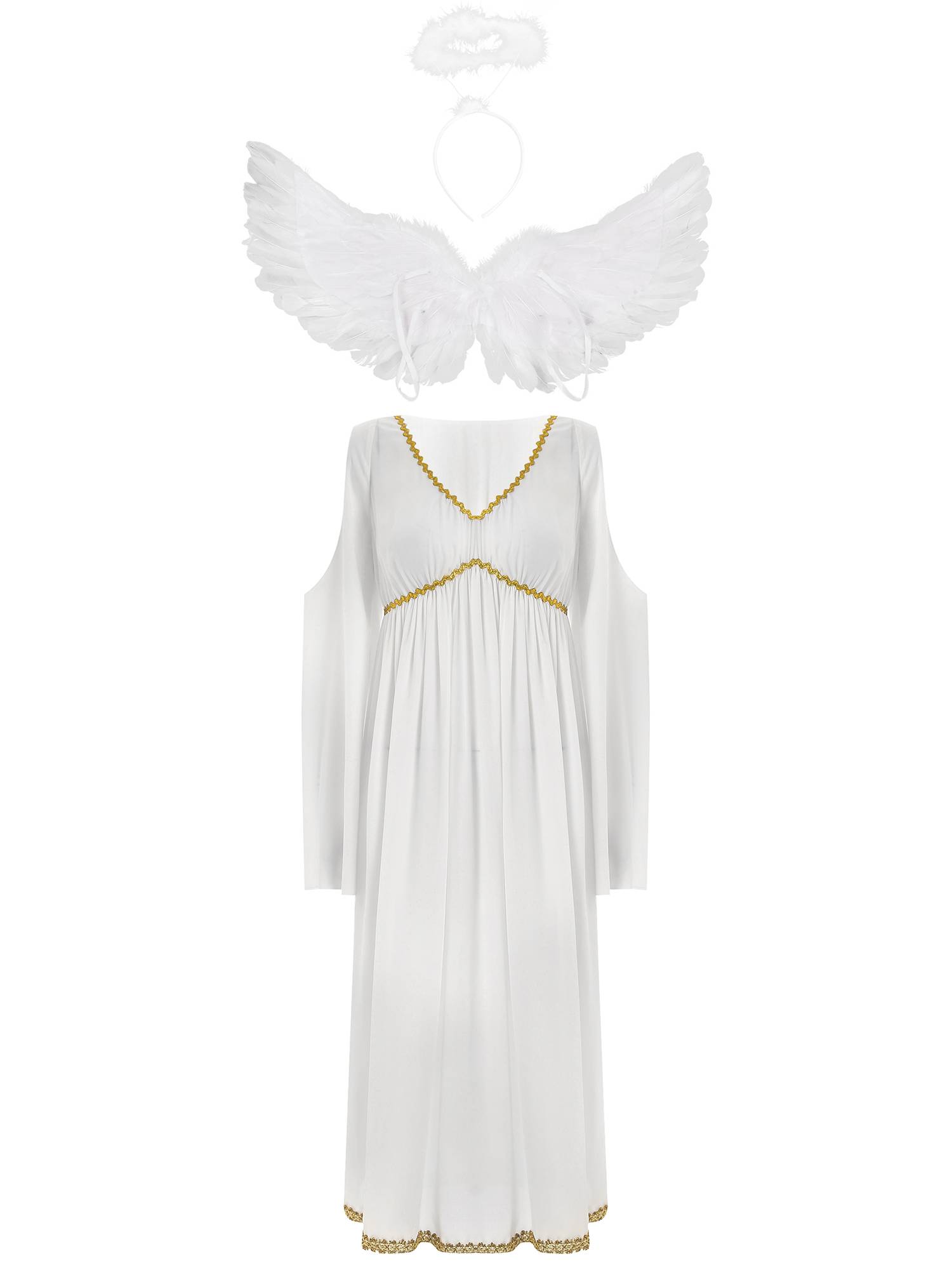 Women Angel Costume V Neck Cold Shoulder Chiffon Dress with Feather Wings