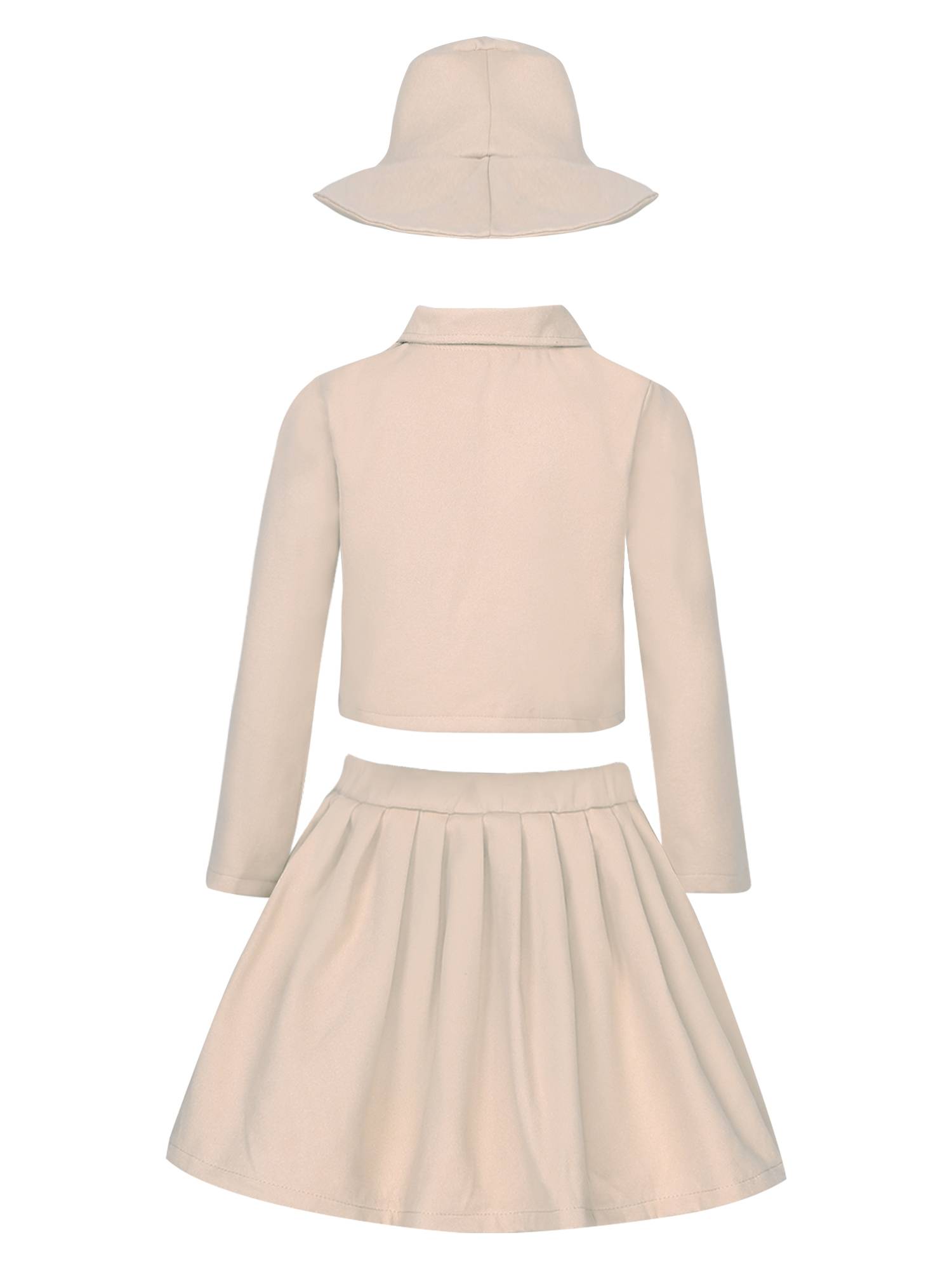 Kids Girls 3pcs Long Sleeve Lapel Coat and Pleated Skirt with Hat Party Set