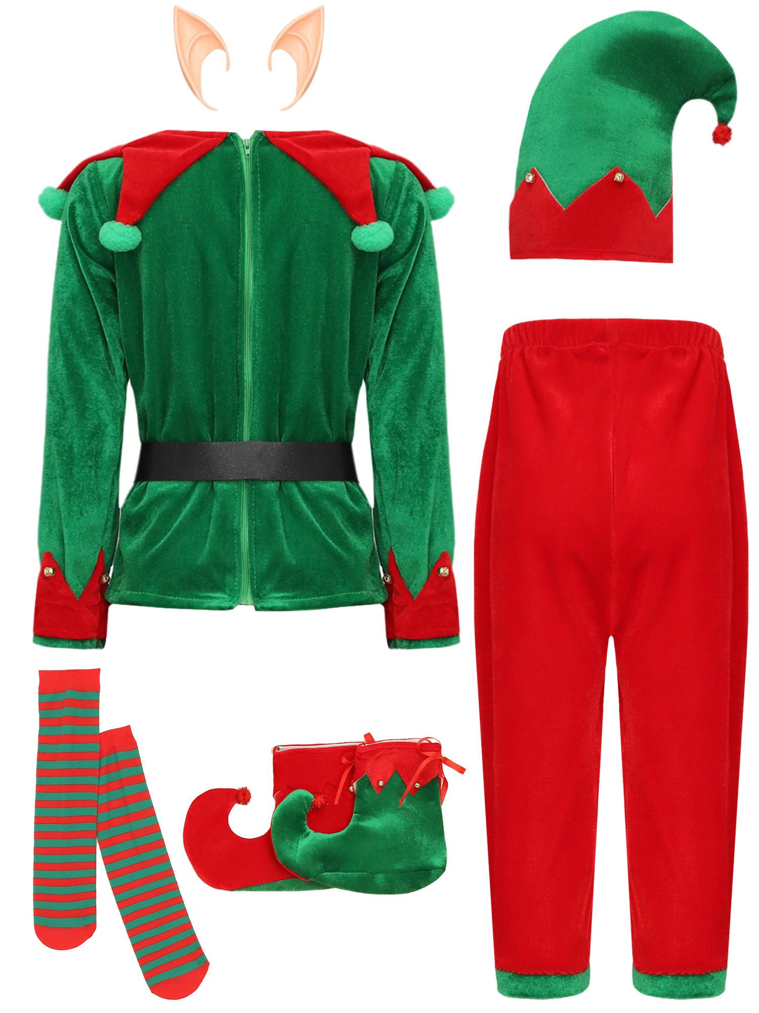 Boys 7pcs Top with Pants Stockings and Shoes Covers Christmas Elf Costume Set