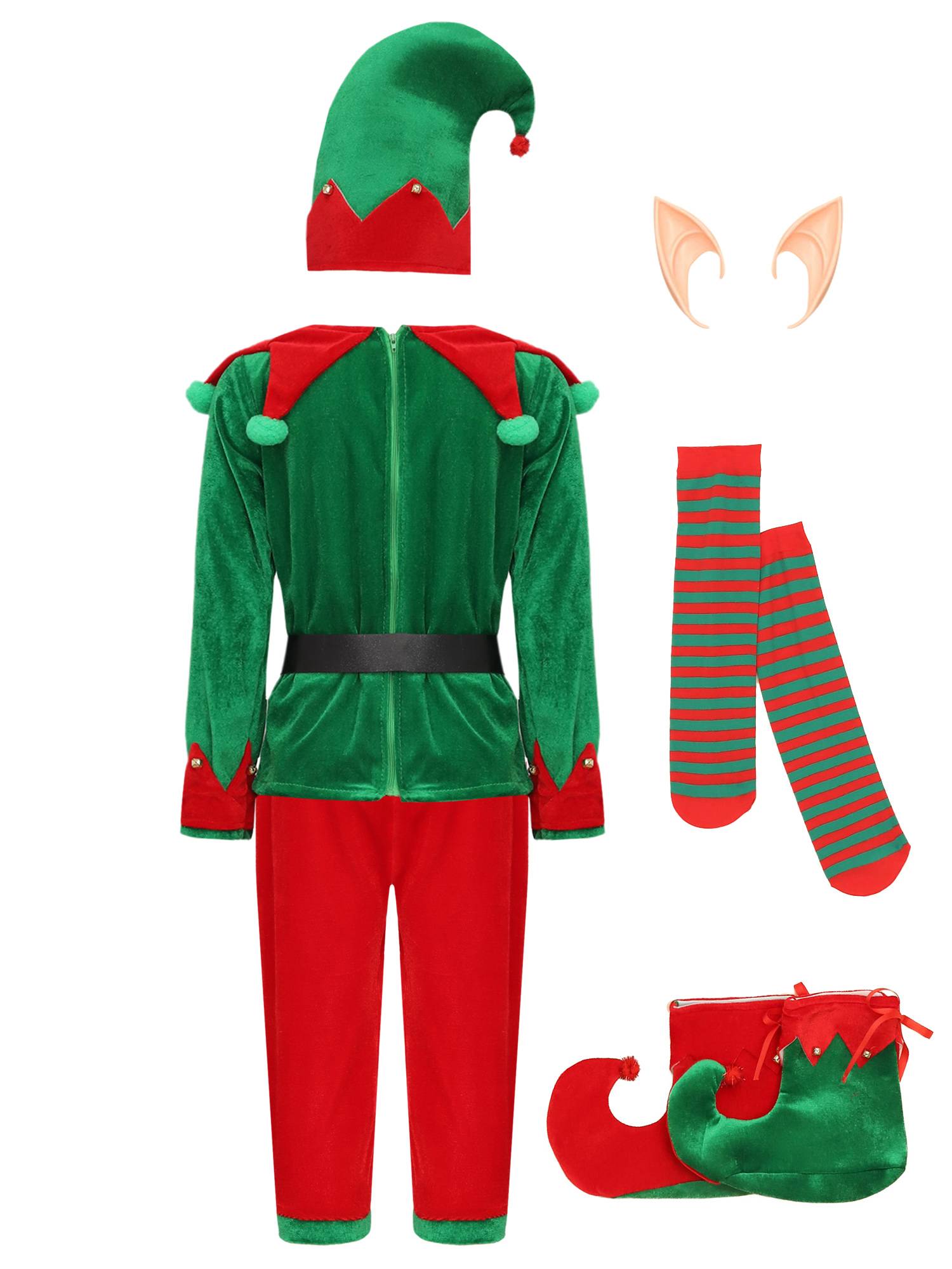 Boys 7pcs Top with Pants Stockings and Shoes Covers Christmas Elf Costume Set