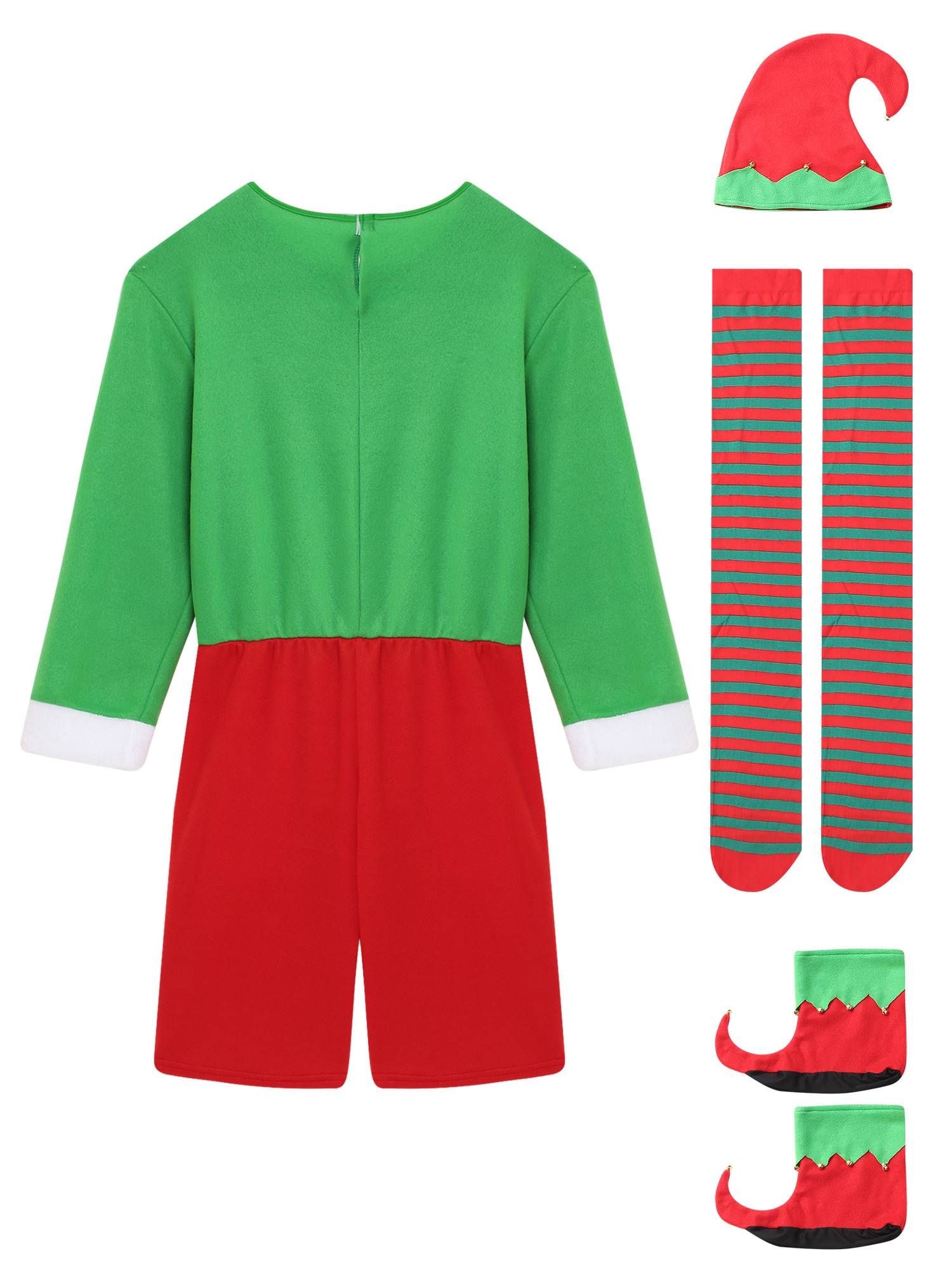 Men Long Sleeve Rompers with Hat Shoes and Stockings Christmas Elf Costume Set