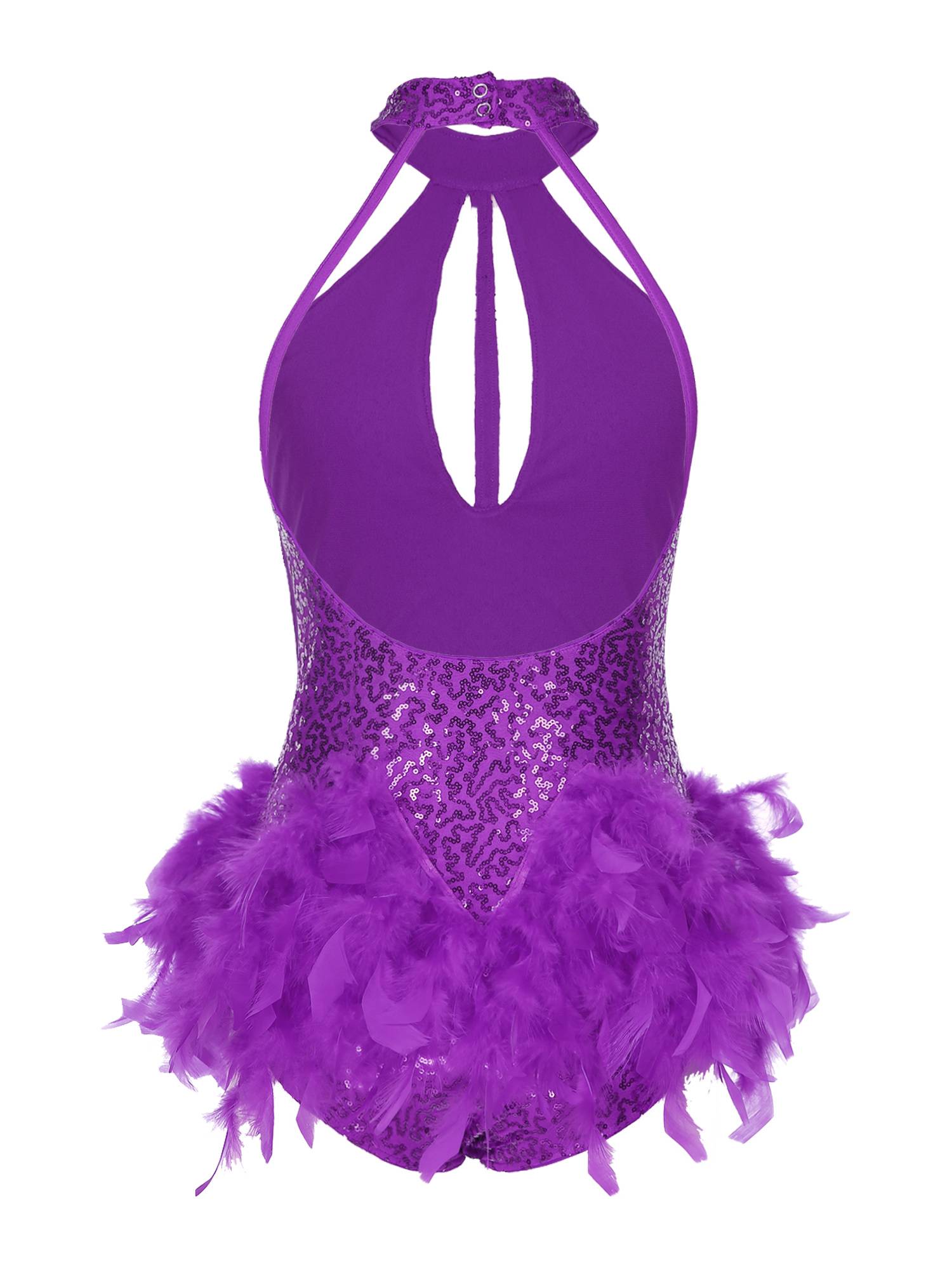 Women Sleeveless Halter Neck Backless Sequins Feather Jazz Dance Leotard