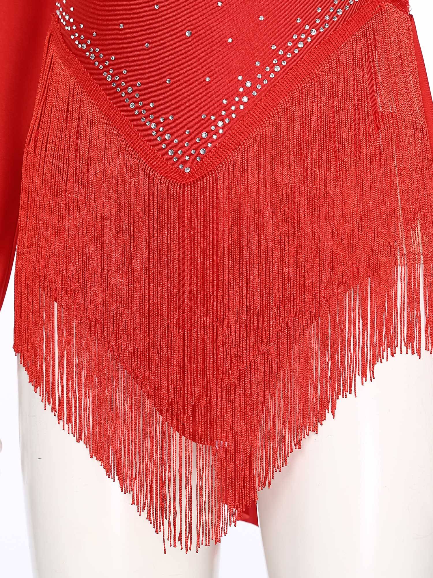 Women V-Neck Long Sleeve Backless Tassels Latin Dance Leotard