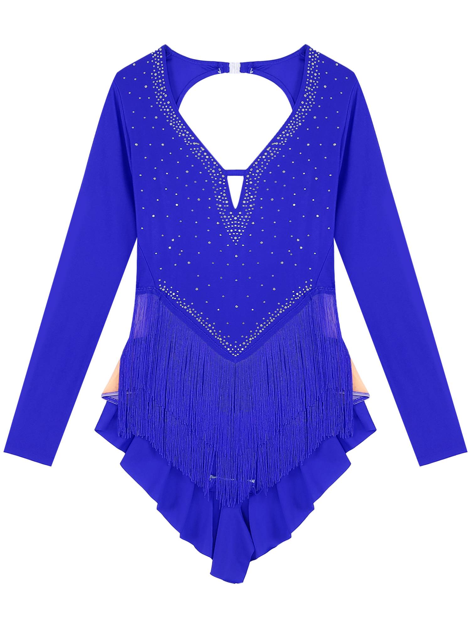 Women V-Neck Long Sleeve Backless Tassels Latin Dance Leotard