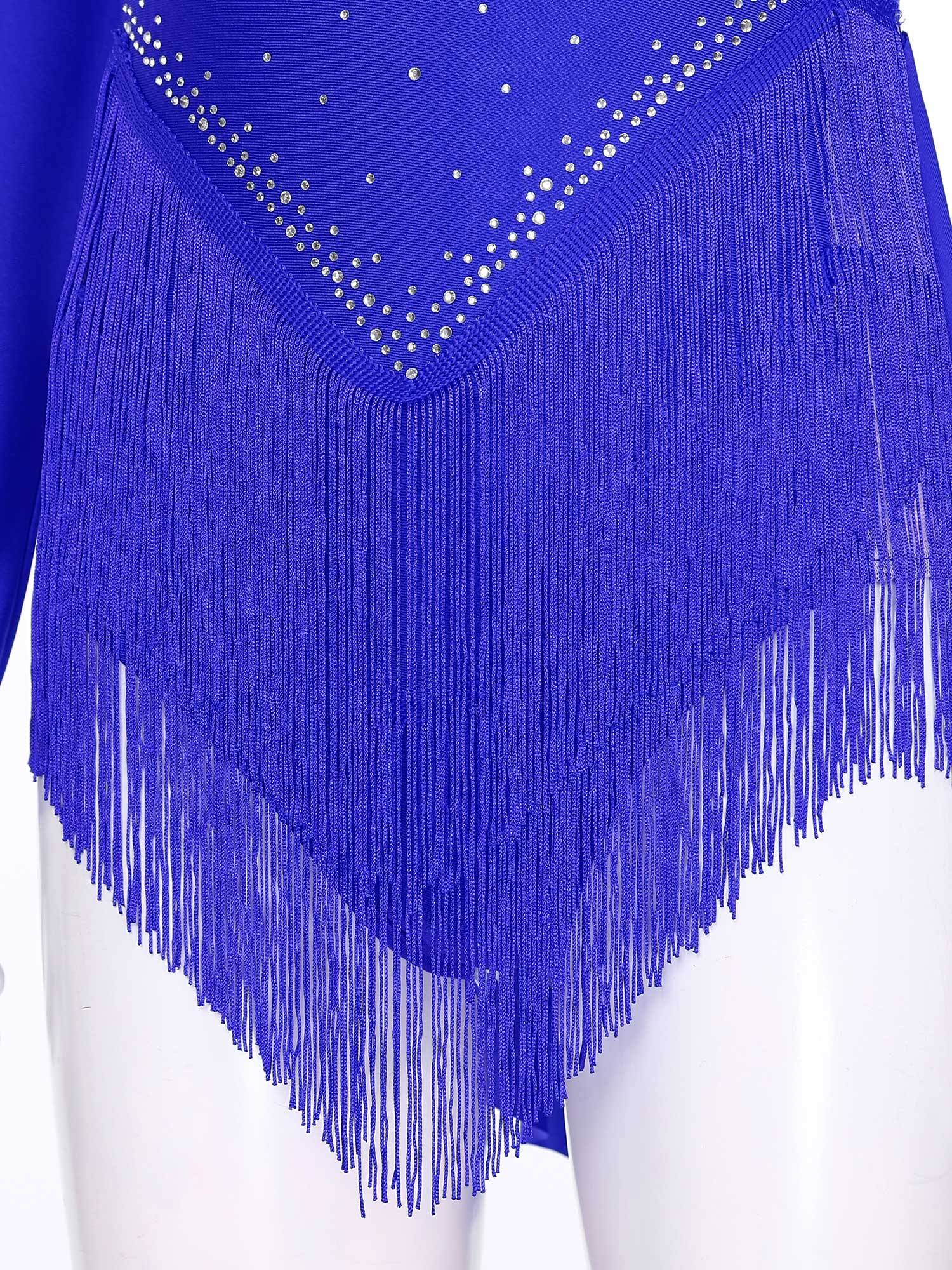 Women V-Neck Long Sleeve Backless Tassels Latin Dance Leotard