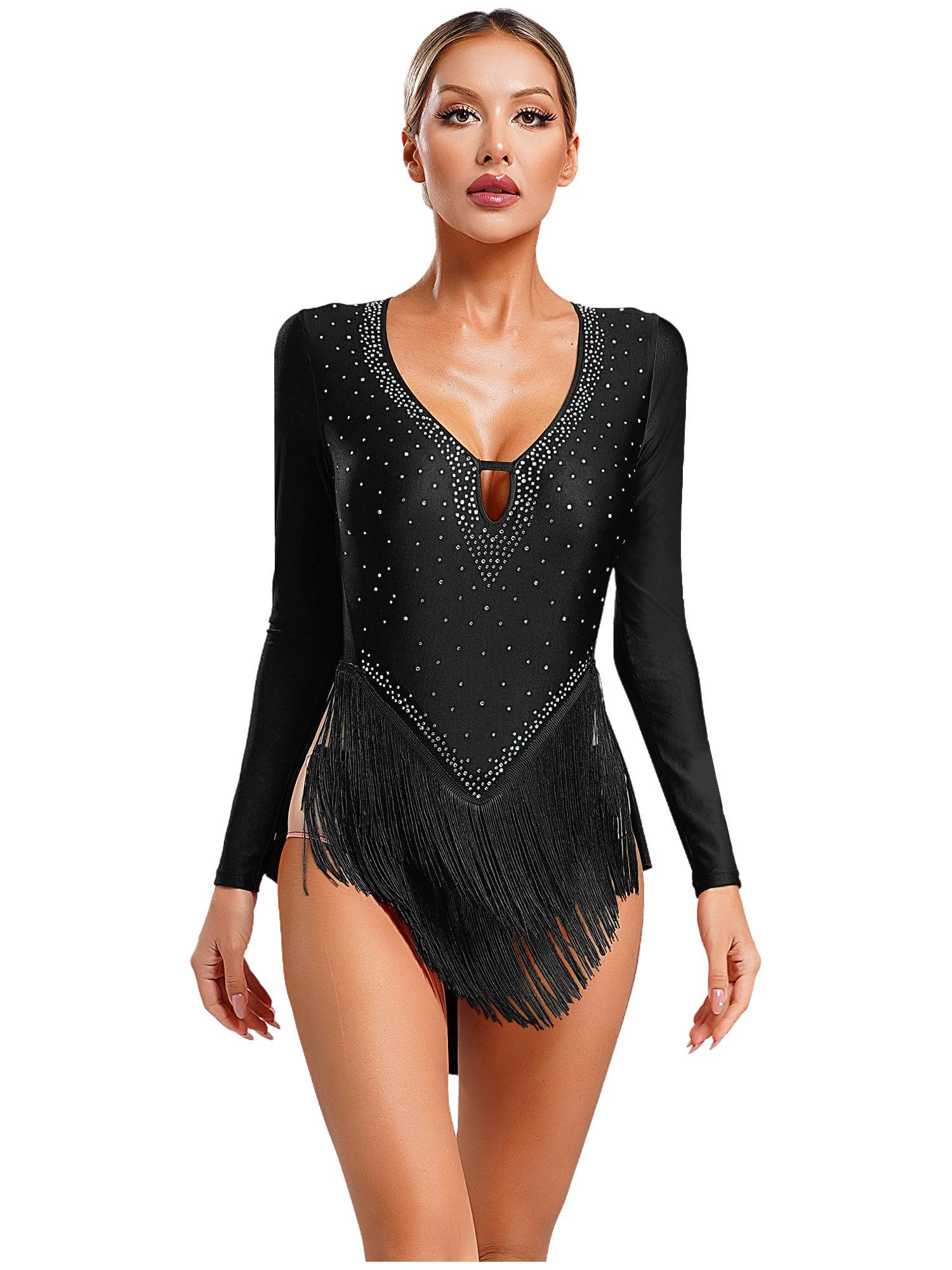 Women V-Neck Long Sleeve Backless Tassels Latin Dance Leotard