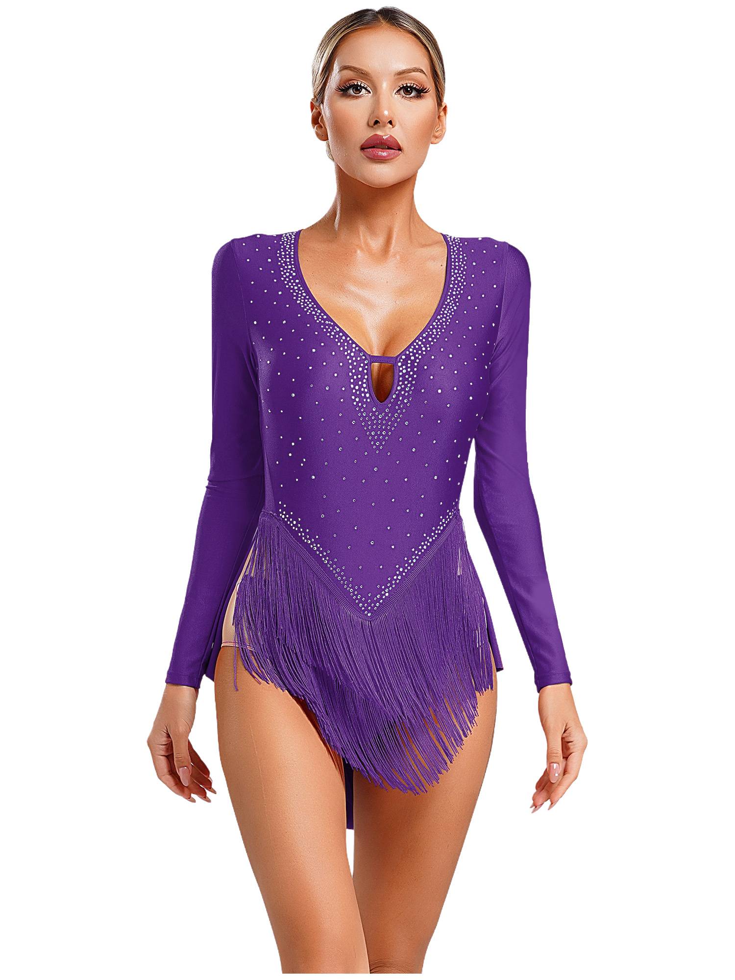 Women V-Neck Long Sleeve Backless Tassels Latin Dance Leotard
