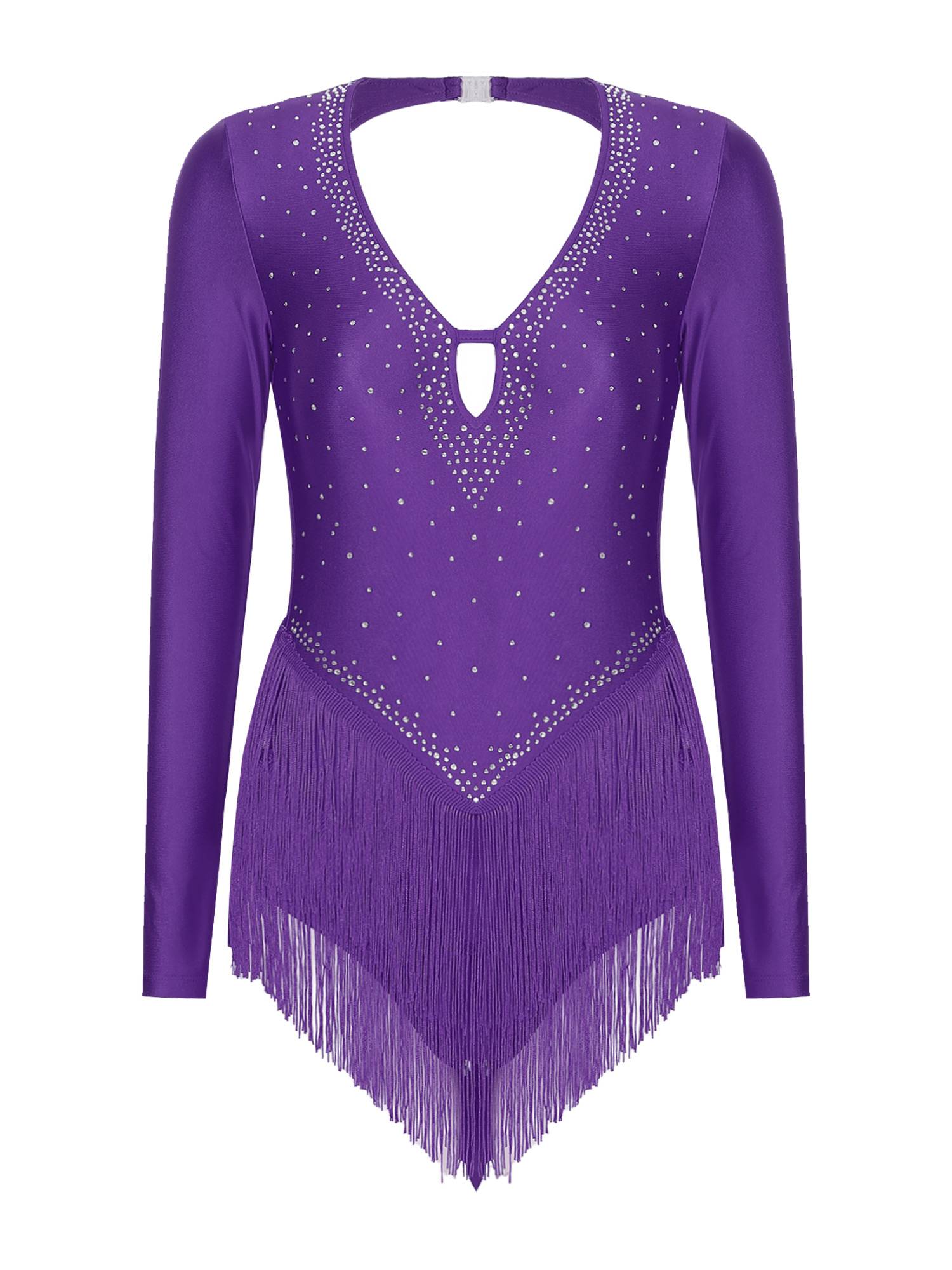 Women V-Neck Long Sleeve Backless Tassels Latin Dance Leotard