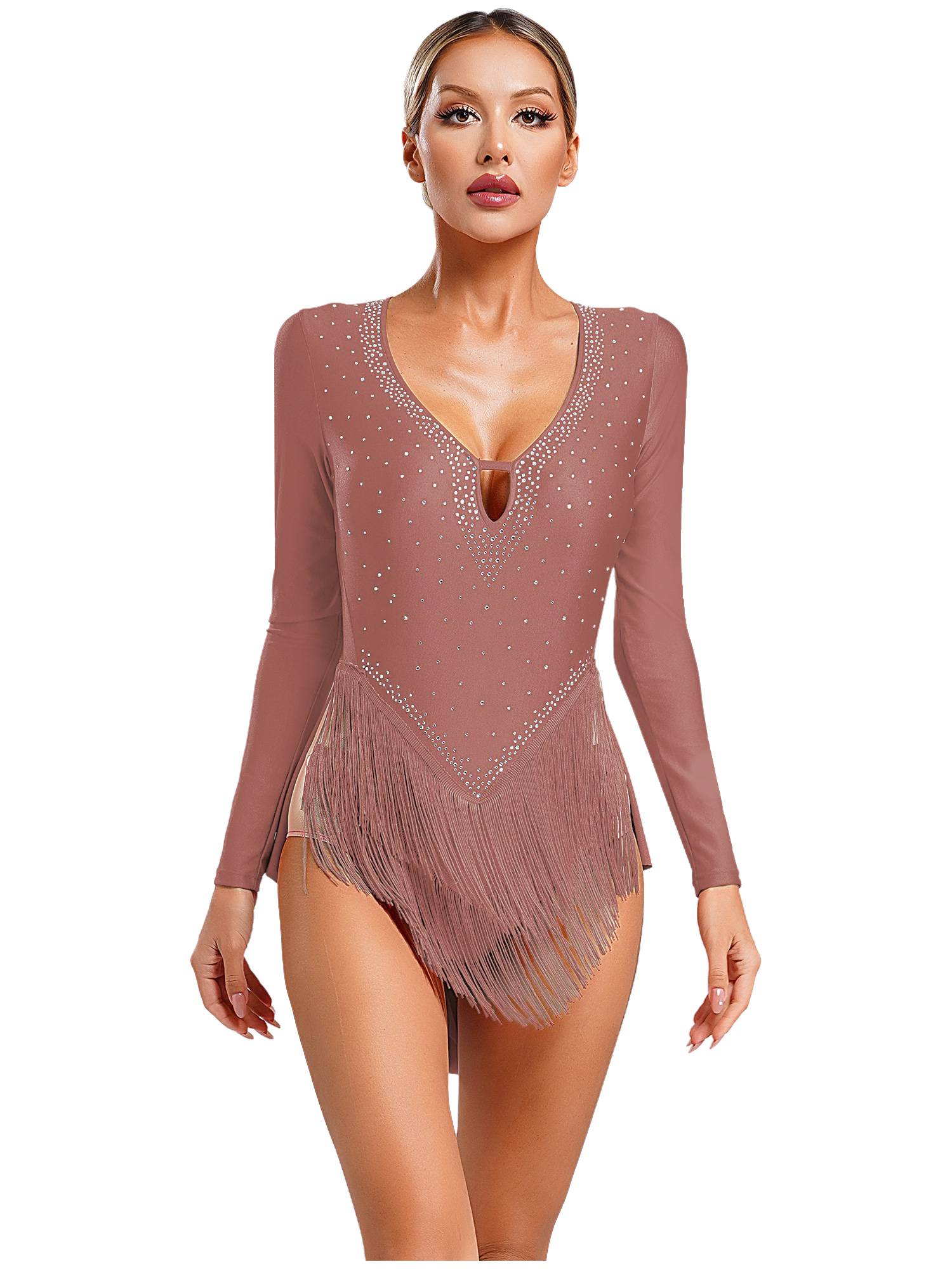 Women V-Neck Long Sleeve Backless Tassels Latin Dance Leotard