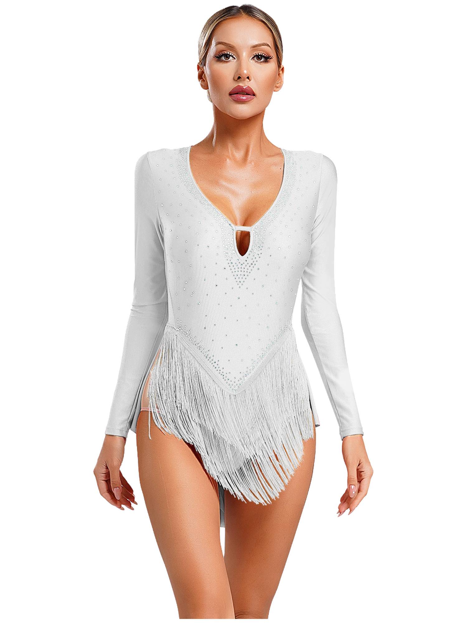 Women V-Neck Long Sleeve Backless Tassels Latin Dance Leotard