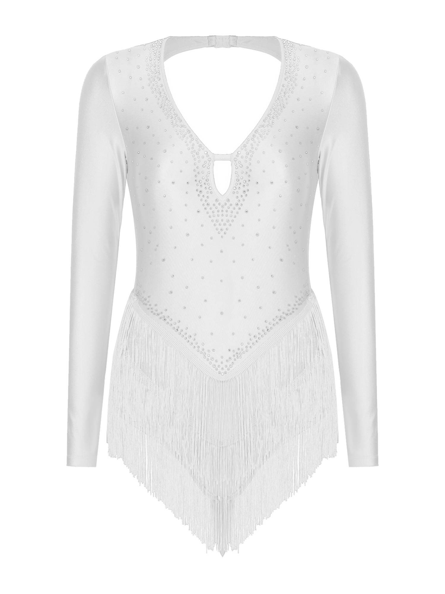 Women V-Neck Long Sleeve Backless Tassels Latin Dance Leotard