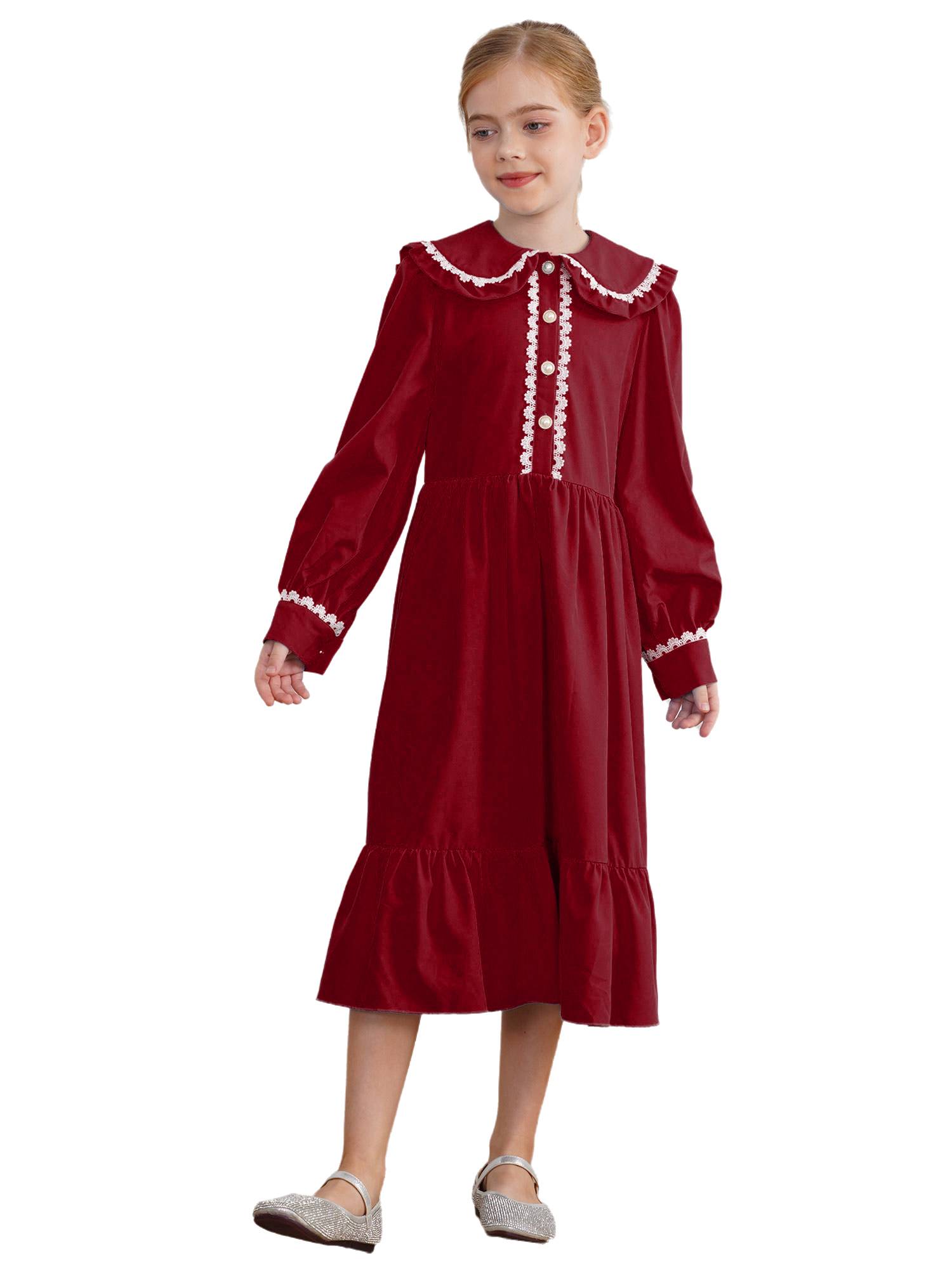 Kids Girls Long Sleeve Lapel Ruffle 18s Victorian Medeival Costume Dress