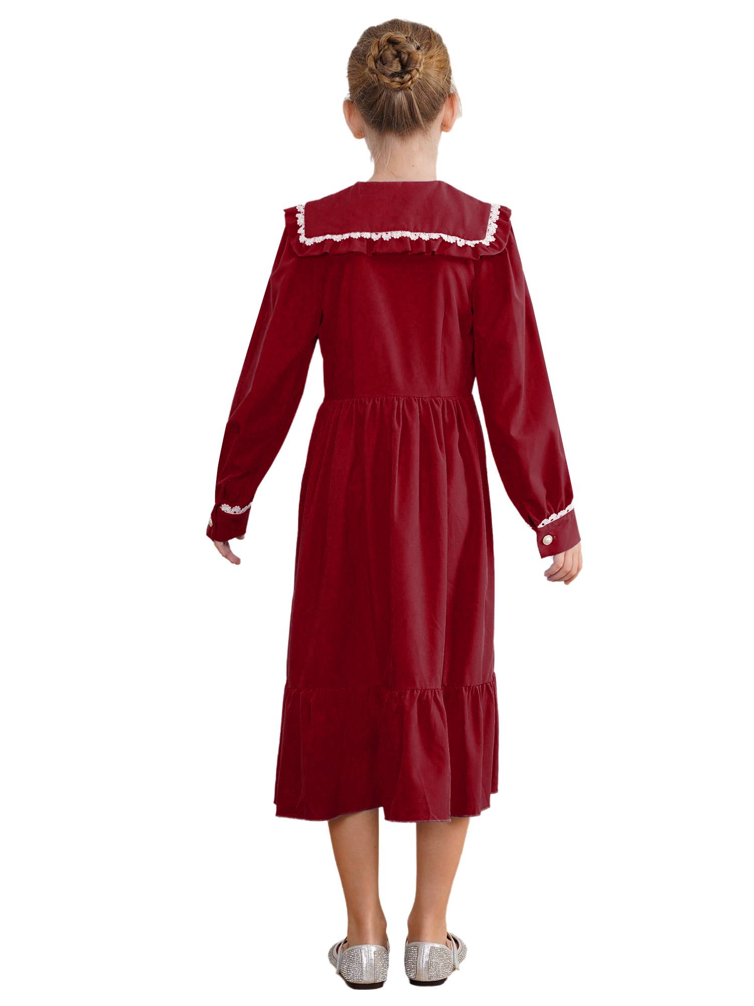 Kids Girls Long Sleeve Lapel Ruffle 18s Victorian Medeival Costume Dress