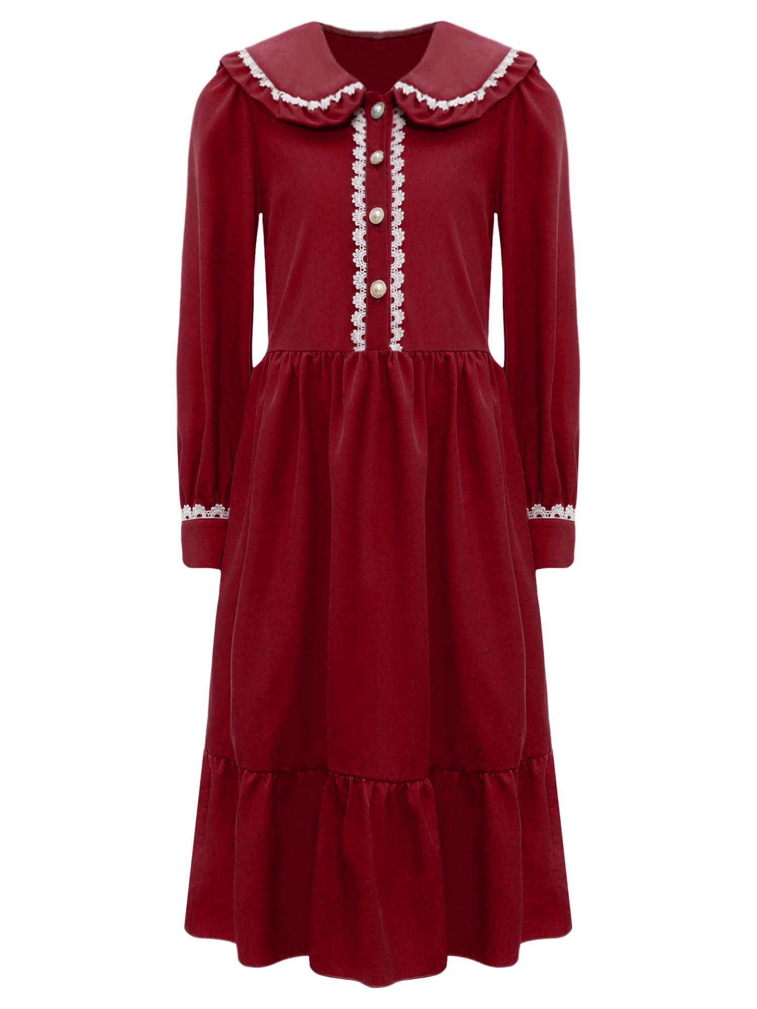 Kids Girls Long Sleeve Lapel Ruffle 18s Victorian Medeival Costume Dress